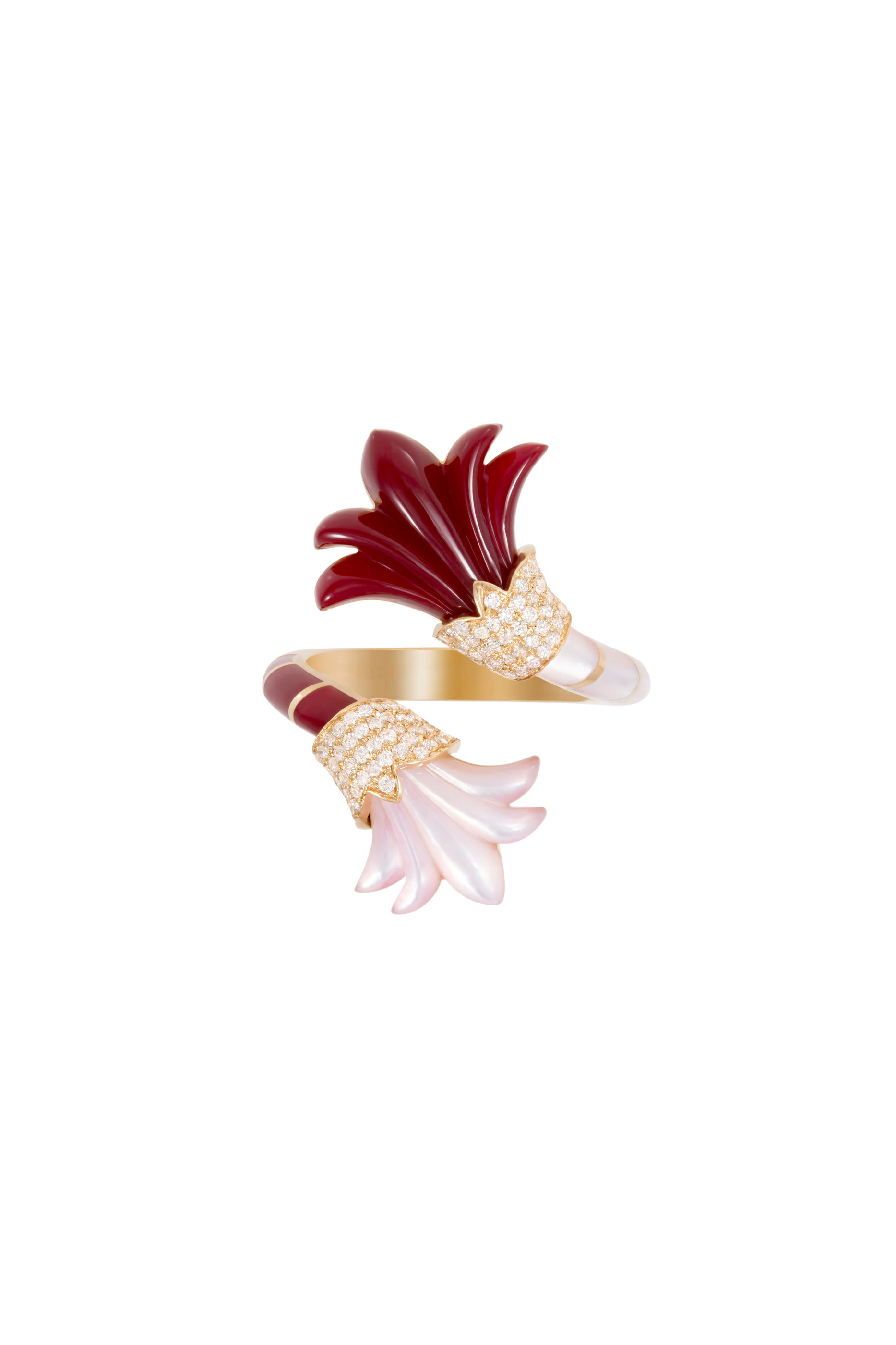 Flower Vine Ring, 18k Yellow Gold with Diamonds & Mother Of Pearl