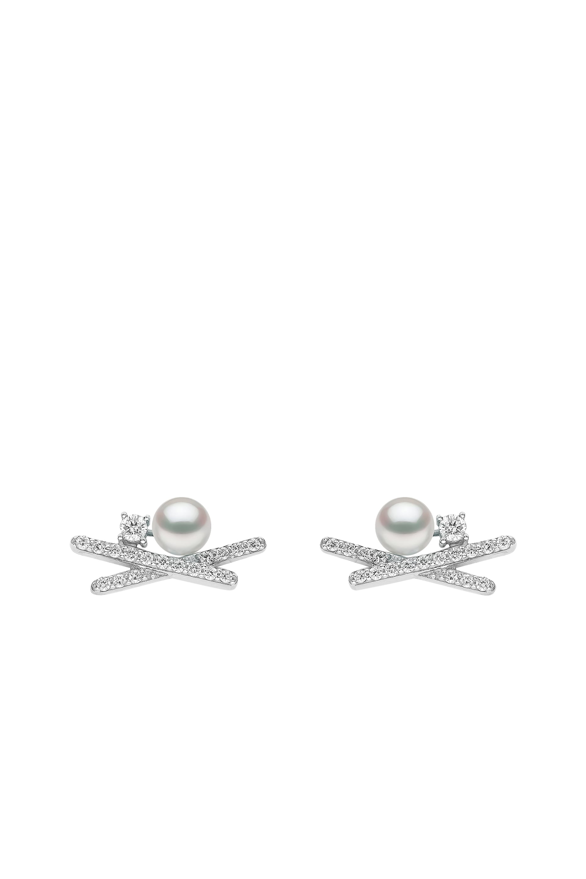 Sleek Cross Earrings, 18k White Gold with Akoya Pearls & Diamonds