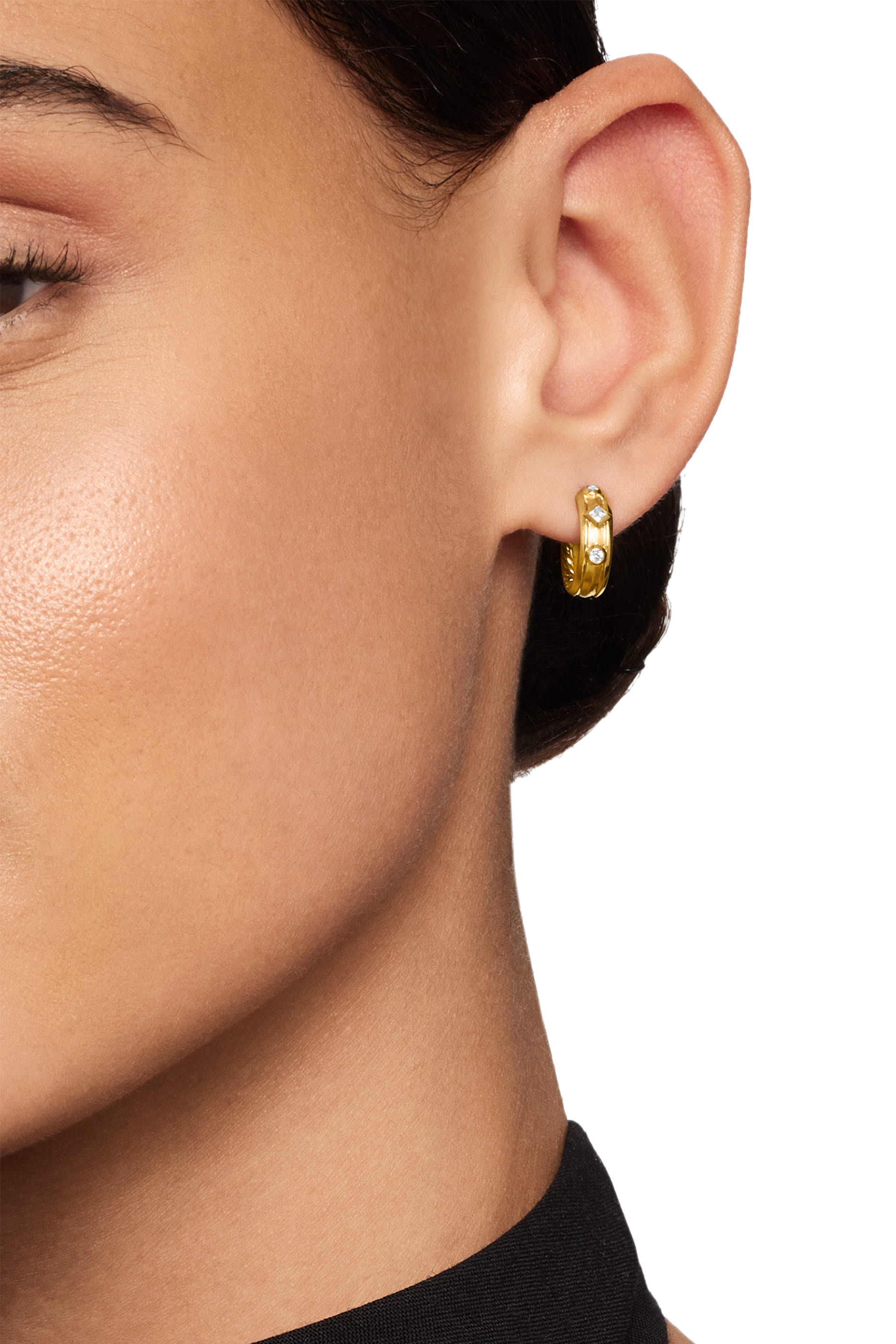 Renaissance Huggie Hoop Earrings, 18K Yellow Gold with Diamonds