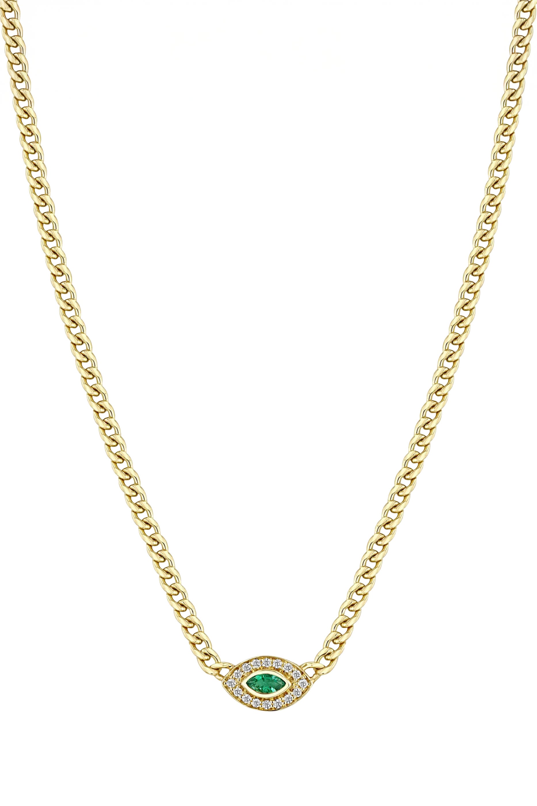 Small Curb Chain Halo Necklace, 14K Yellow Gold, Emerald & Diamonds