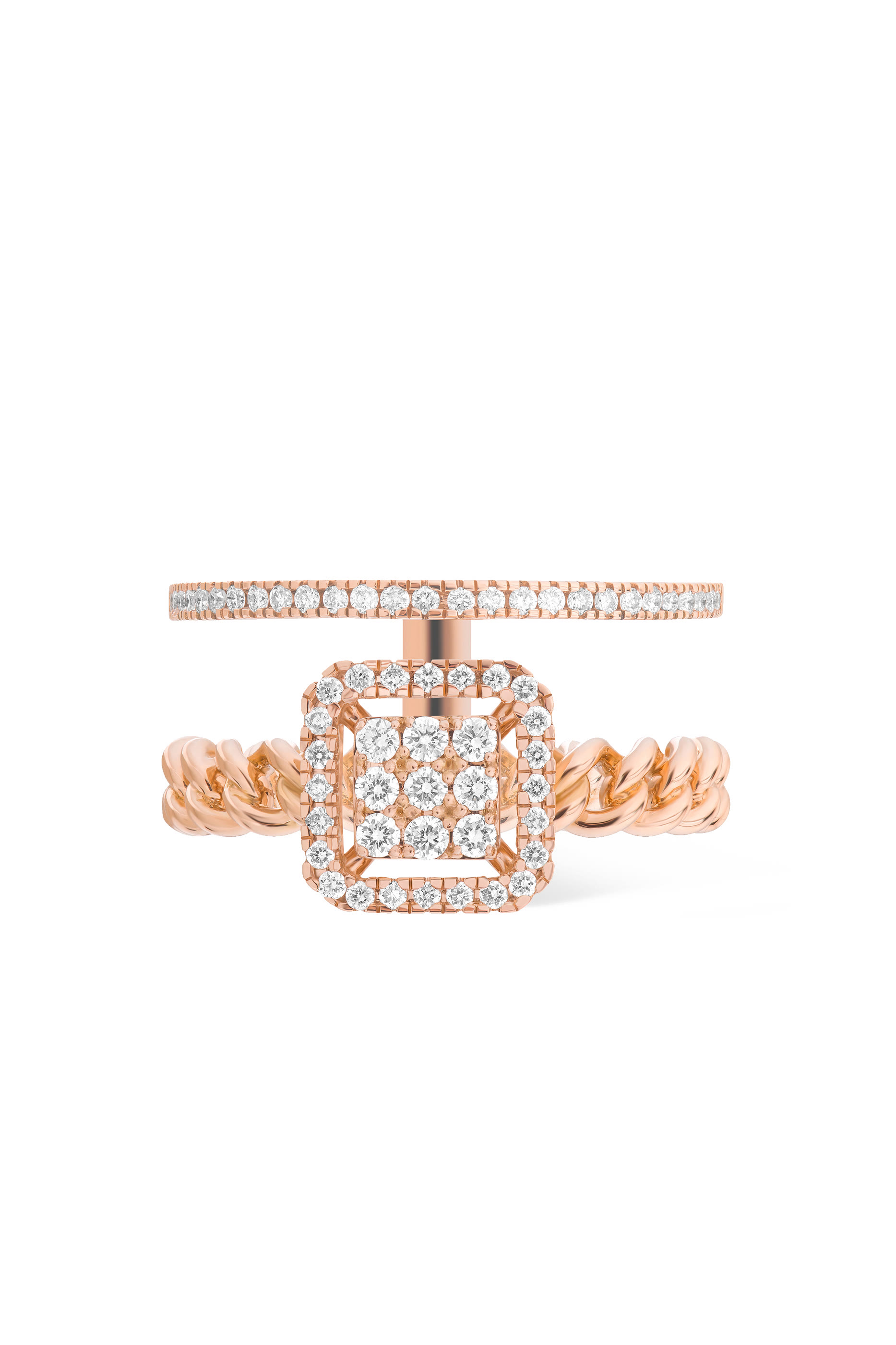 Quwa Square Double Ring, 18k Pink Gold & Diamonds