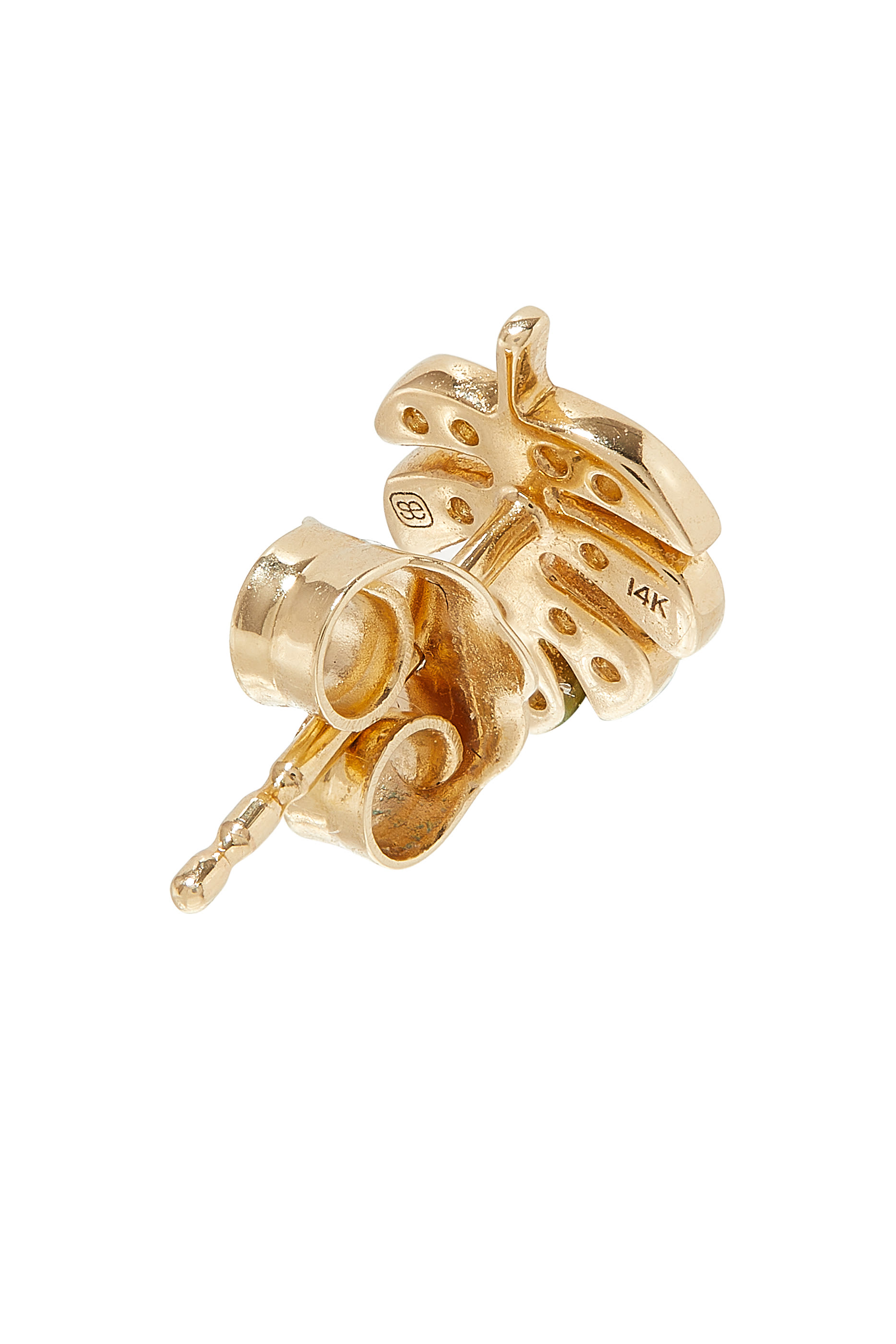 Tiny Monstera Leaf Single Stud Earrings , 14K Yellow Gold & Diamonds