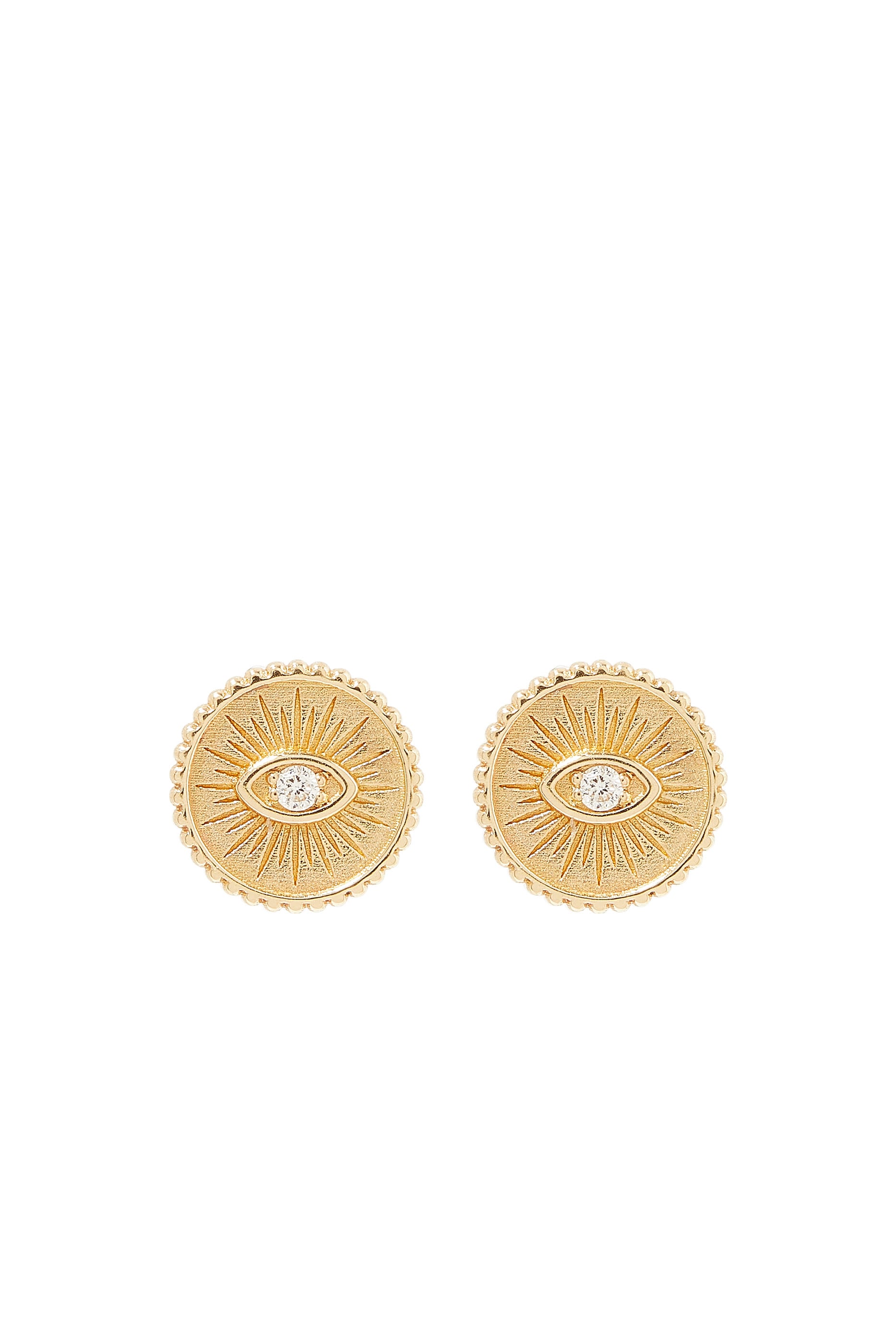 Small Marquise Eye Coin Stud Earrings , 14K Yellow Gold & Diamonds