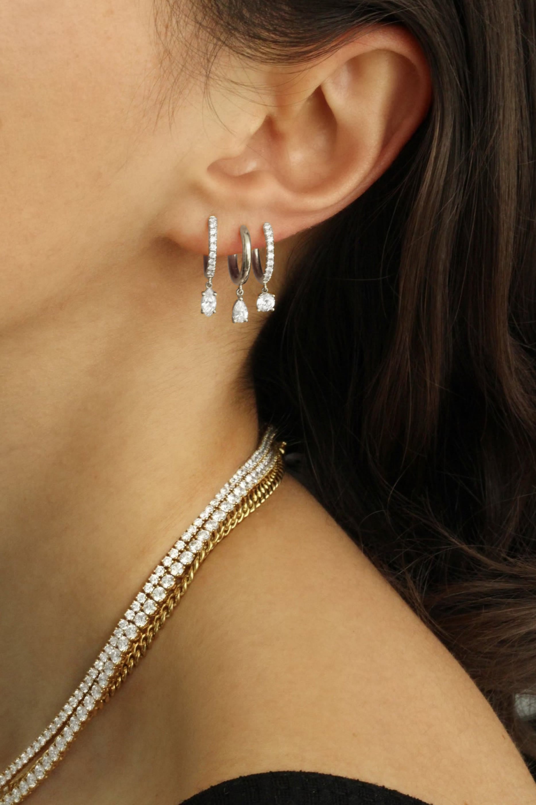 Diamond Huggies with Marquise Diamond Drop, 18k White Gold & Diamonds
