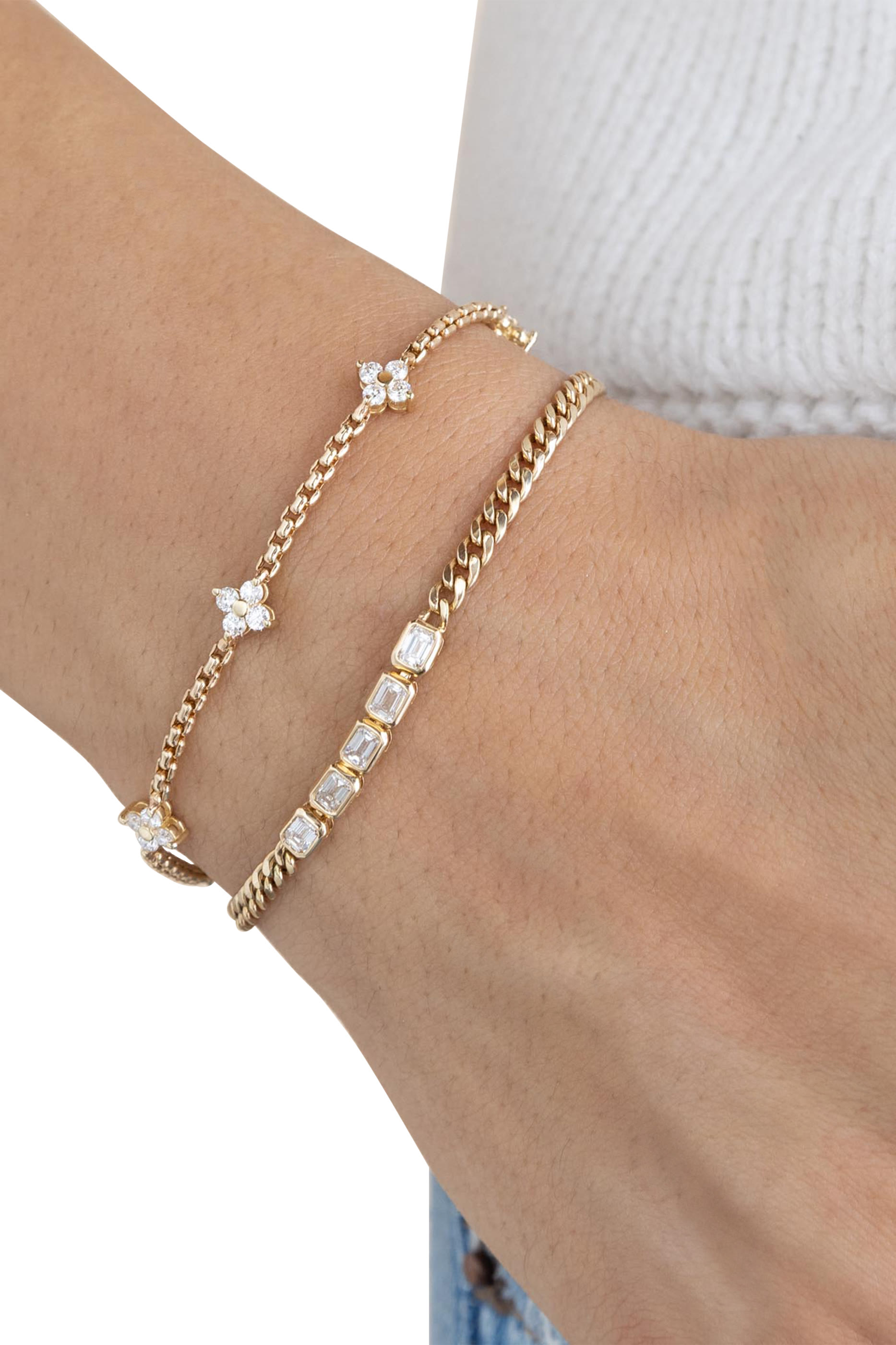 5 Prong Diamond Quad Station Box Chain Bracelet, 14K Yellow Gold