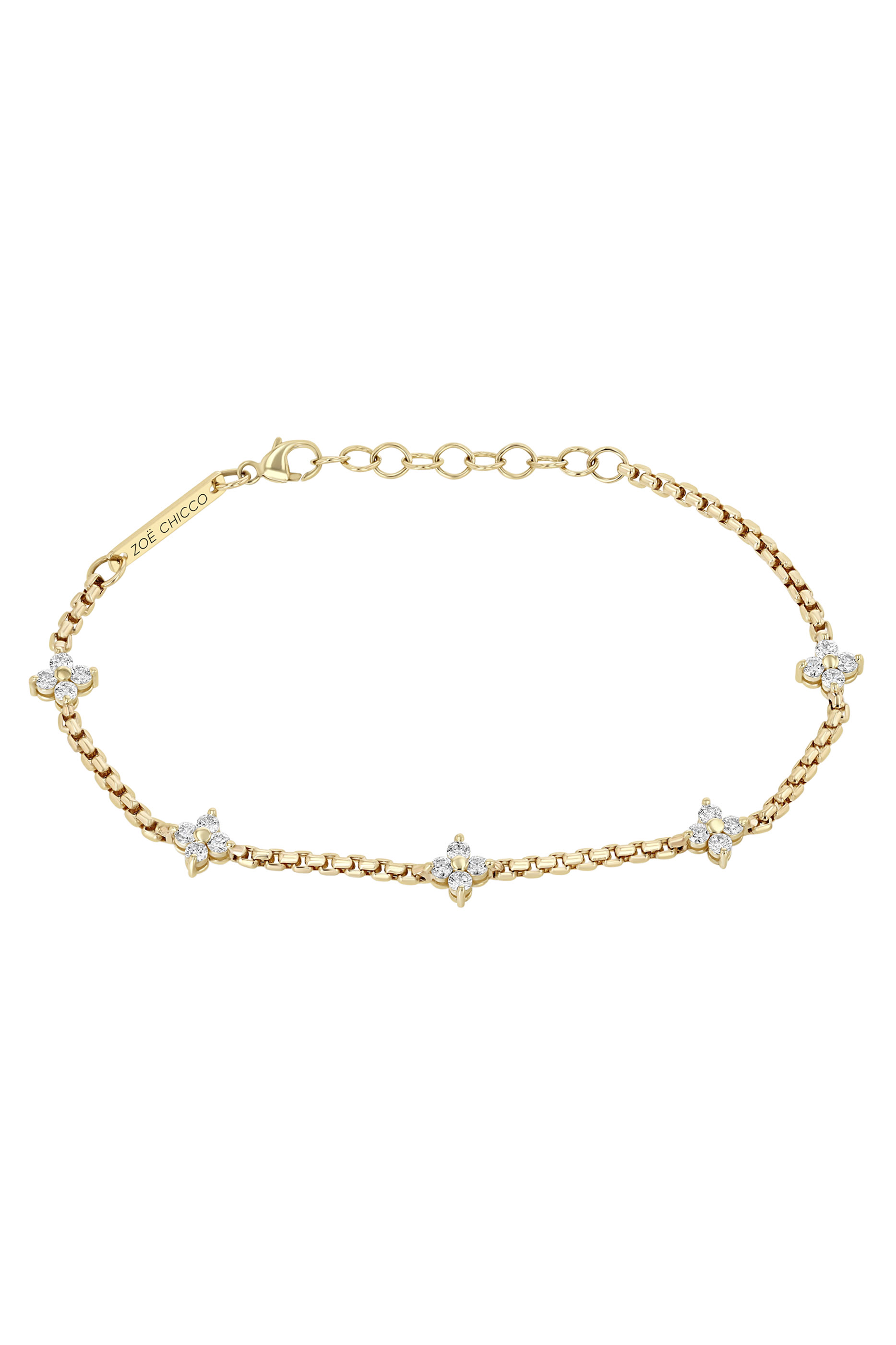 5 Prong Diamond Quad Station Box Chain Bracelet, 14K Yellow Gold