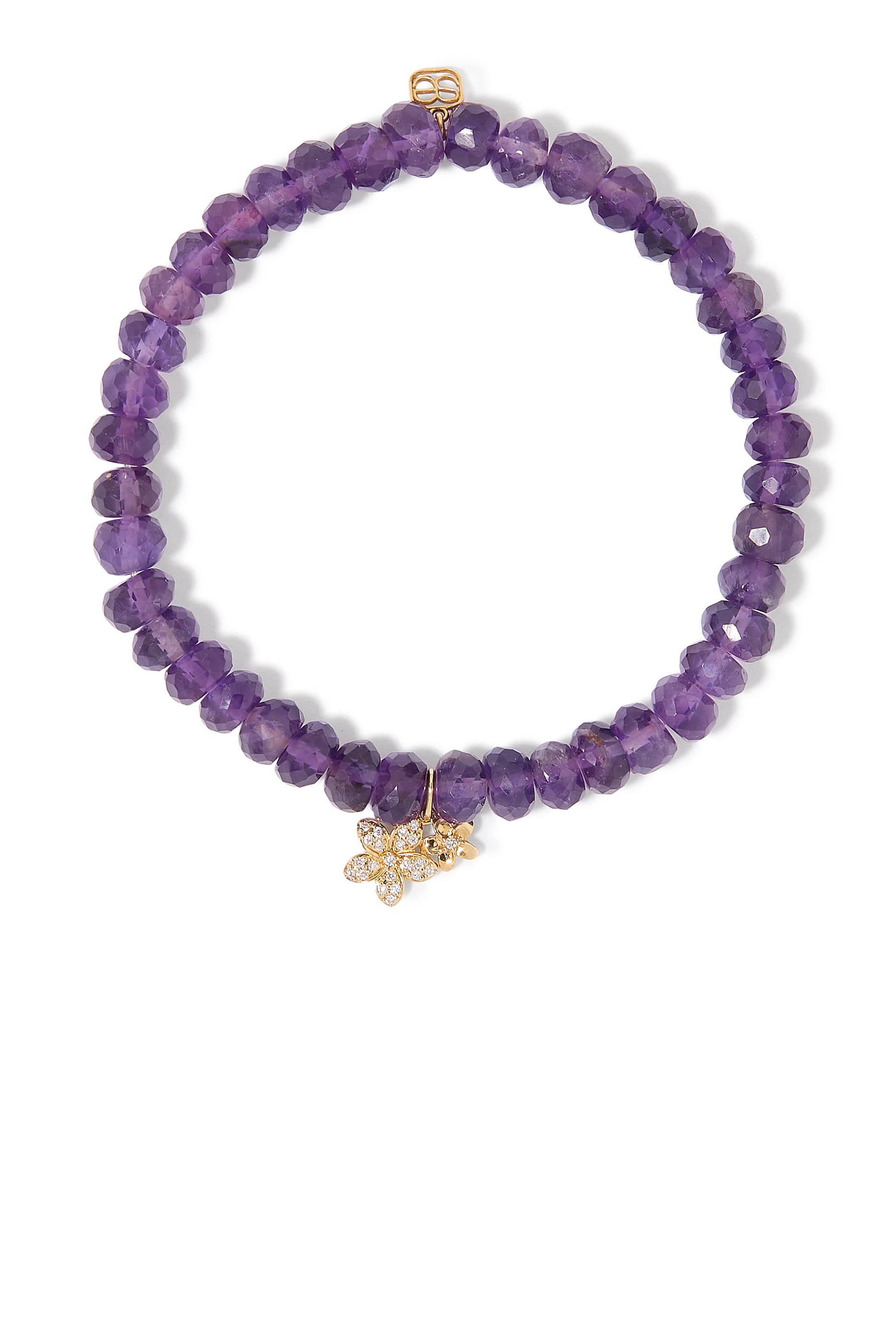 Small Plumeria Charm Beaded Bracelet, 14K Yellow Gold, Diamonds & Amethyst
