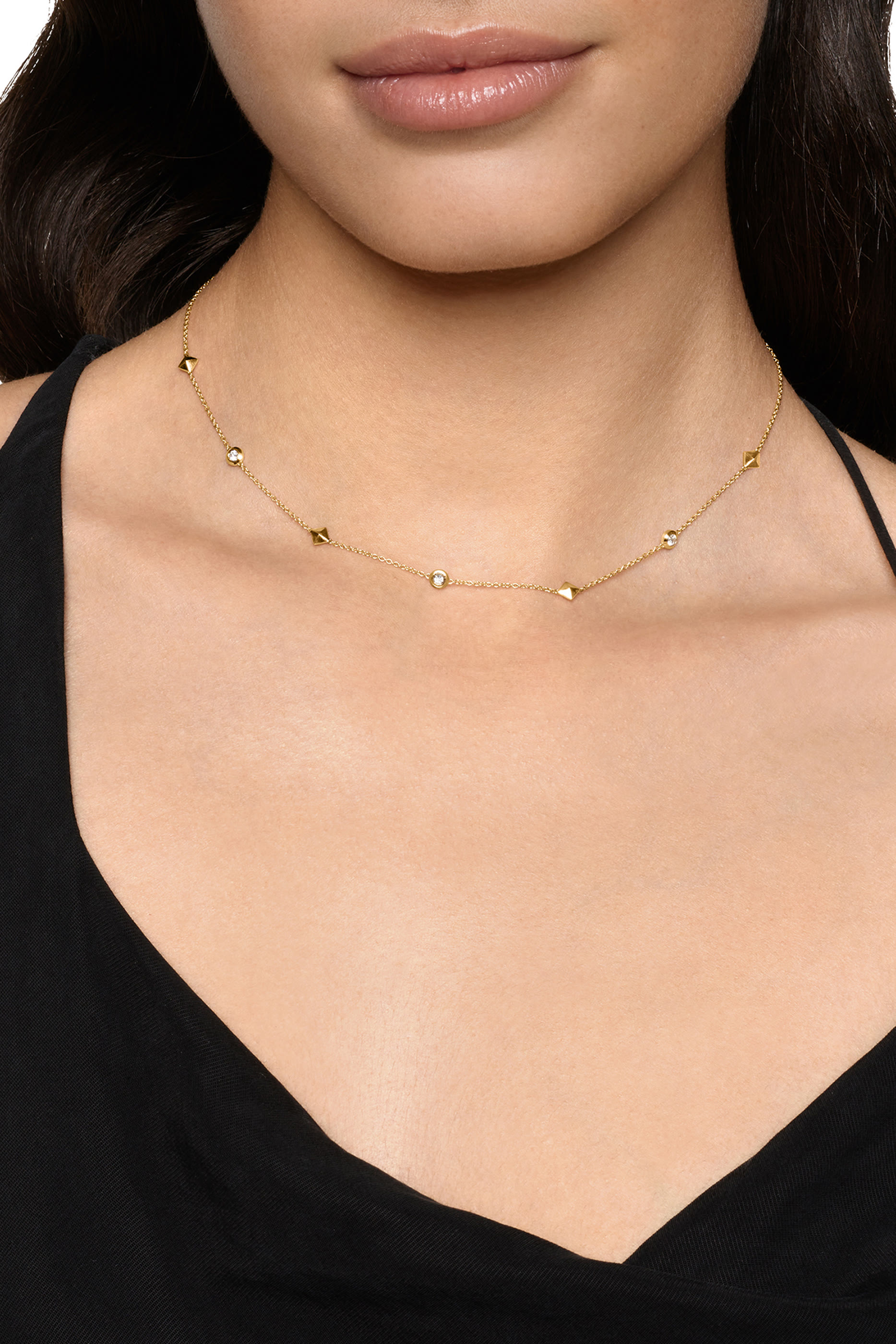 Petite Modern Renaissance Pyramid Station Necklace, 18K Yellow Gold
