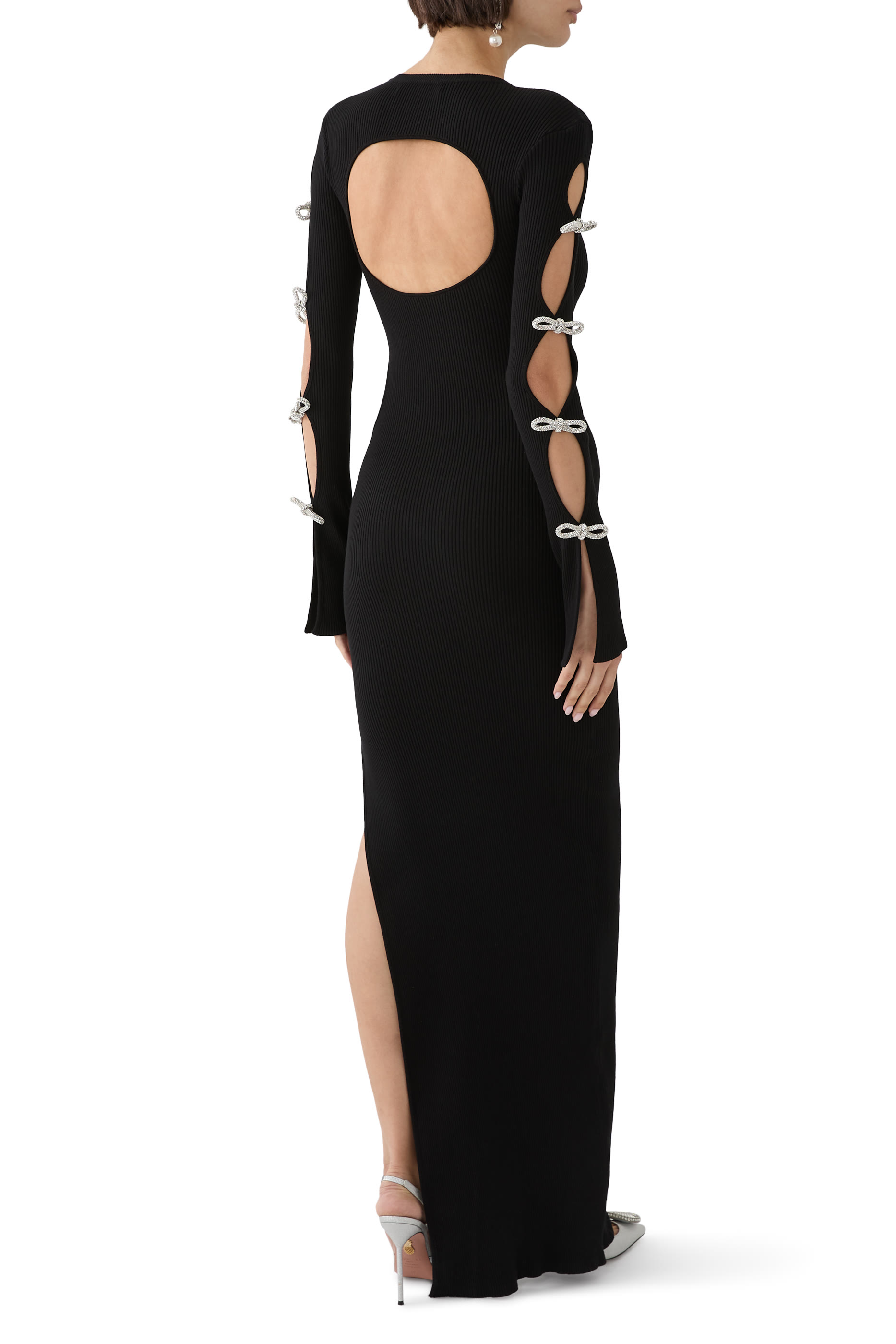  Cut-Out Crystal Bow Sleeves Maxi Dress