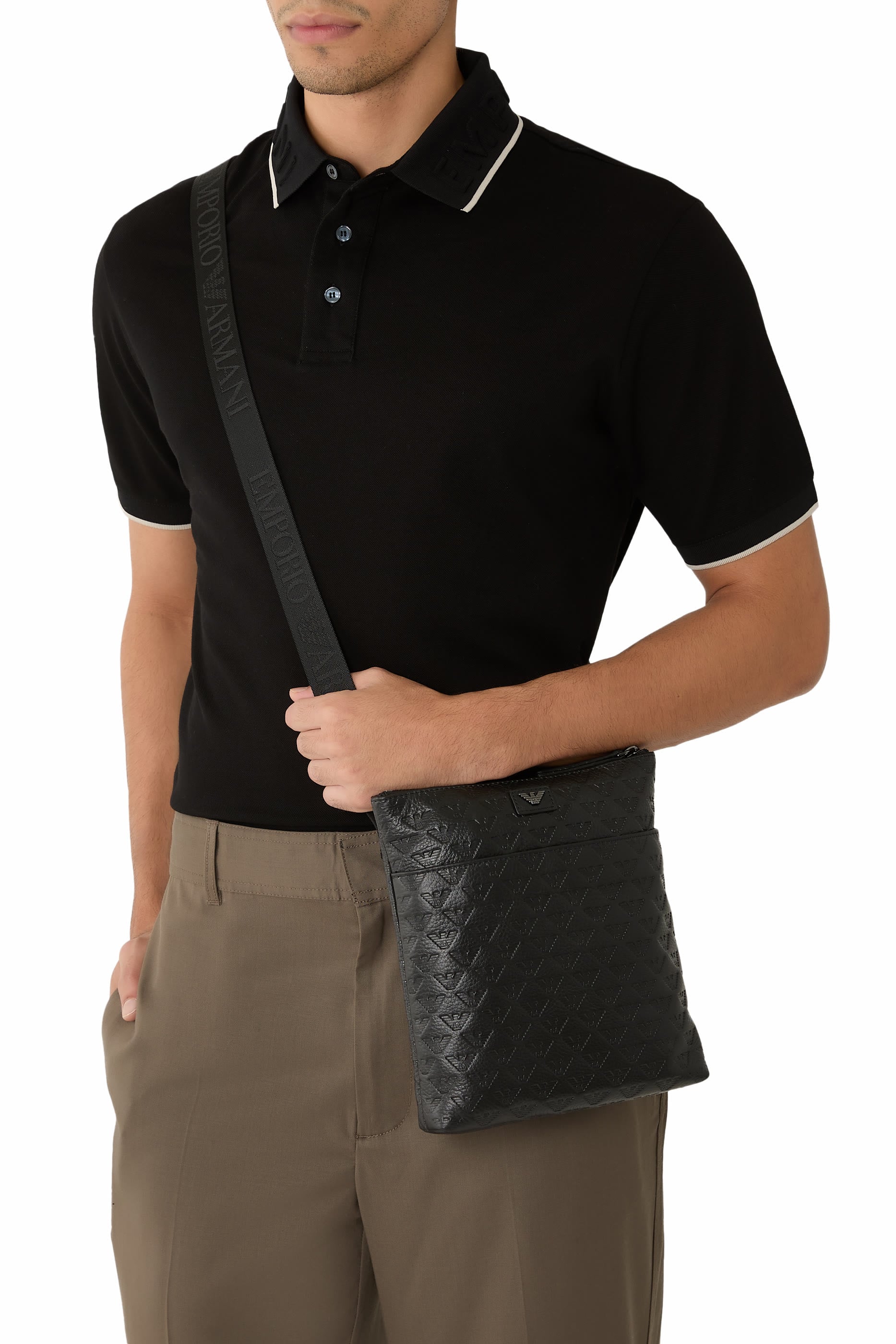 All-Over Embossed Eagle Flat Leather Shoulder Bag