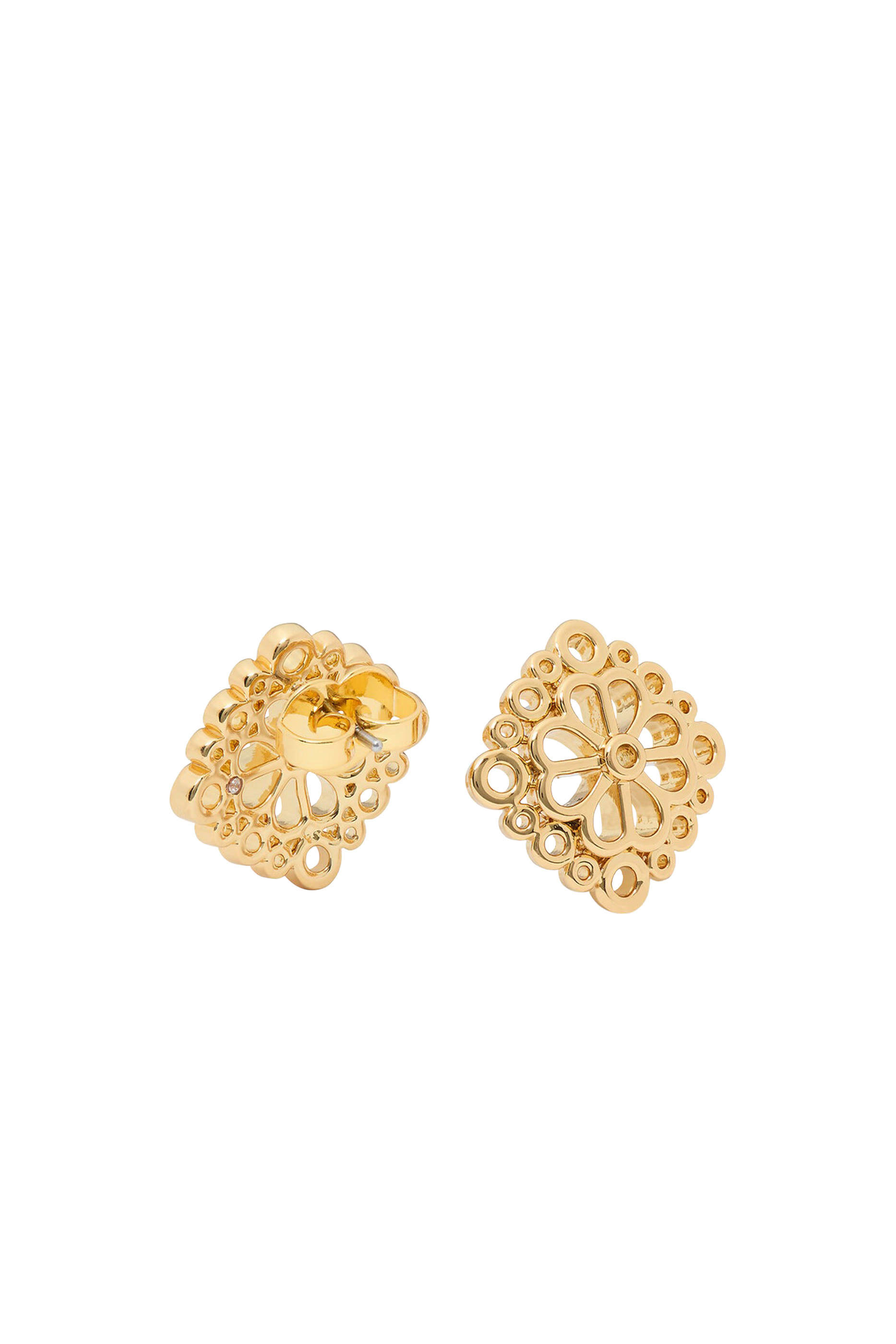 Spade Flower Lace Studs, Plated Metal & Cubic Zirconia, Surgical Steel Posts