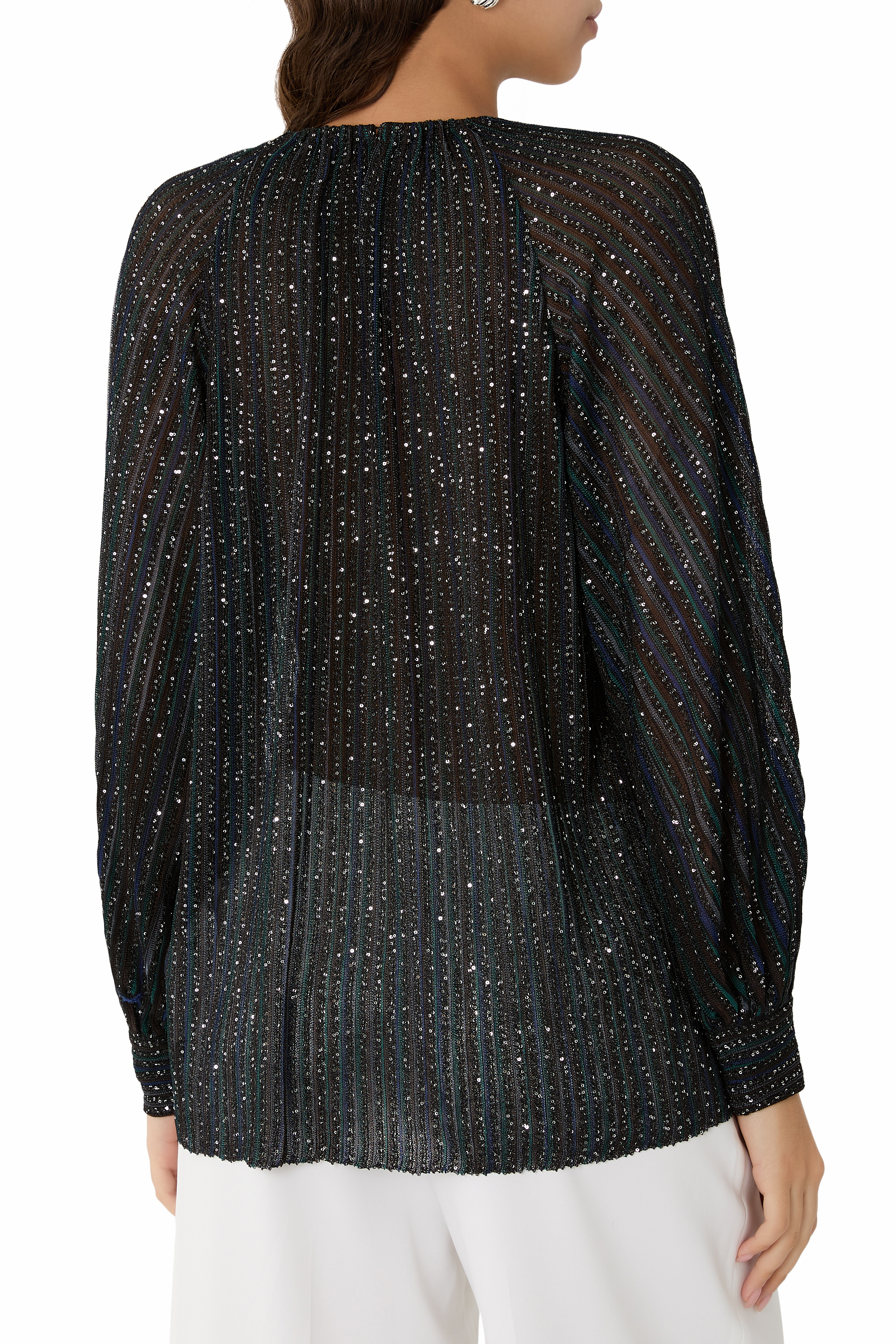 Flared Crew Neck Sweater with Lamé Stripes