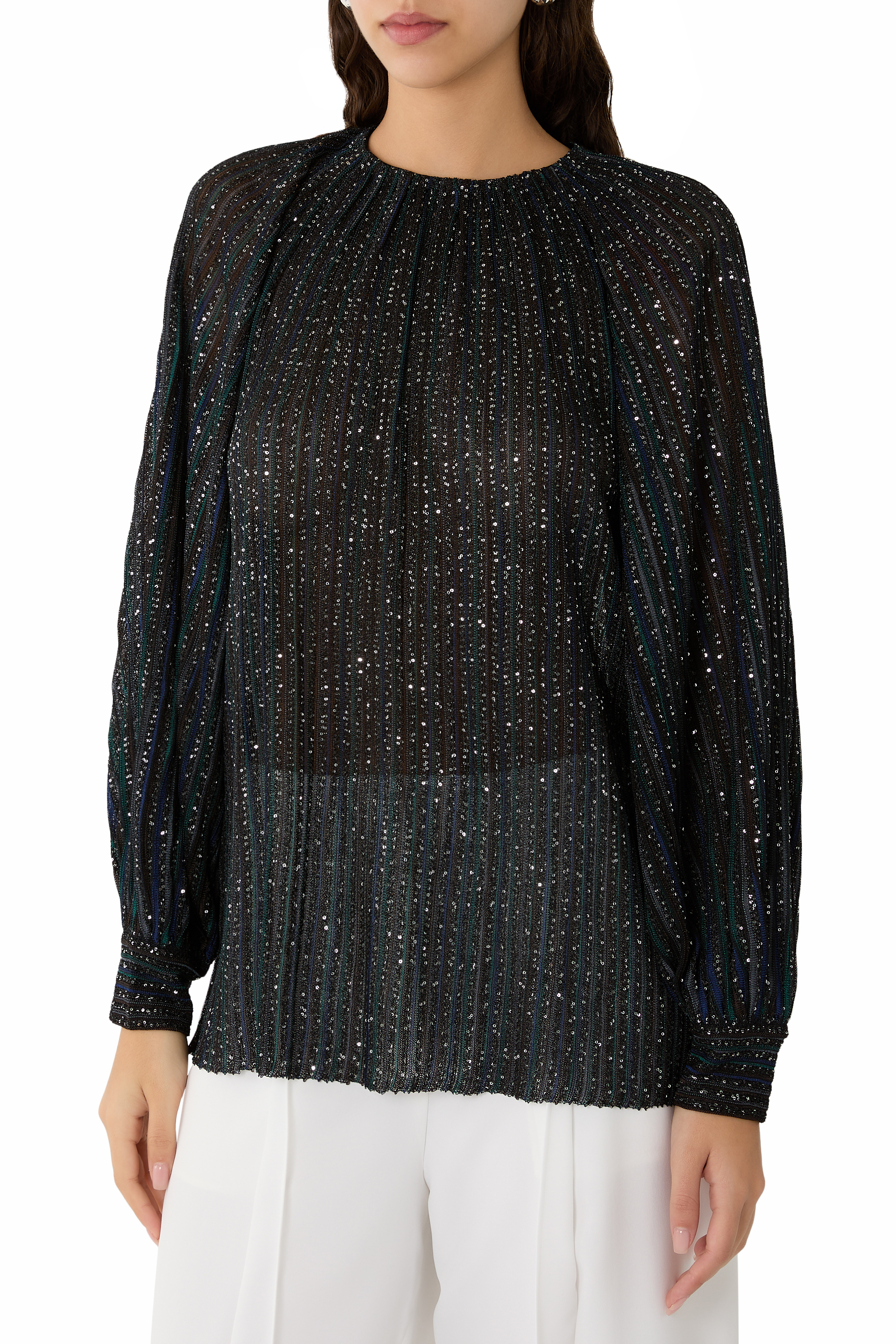 Flared Crew Neck Sweater with Lamé Stripes