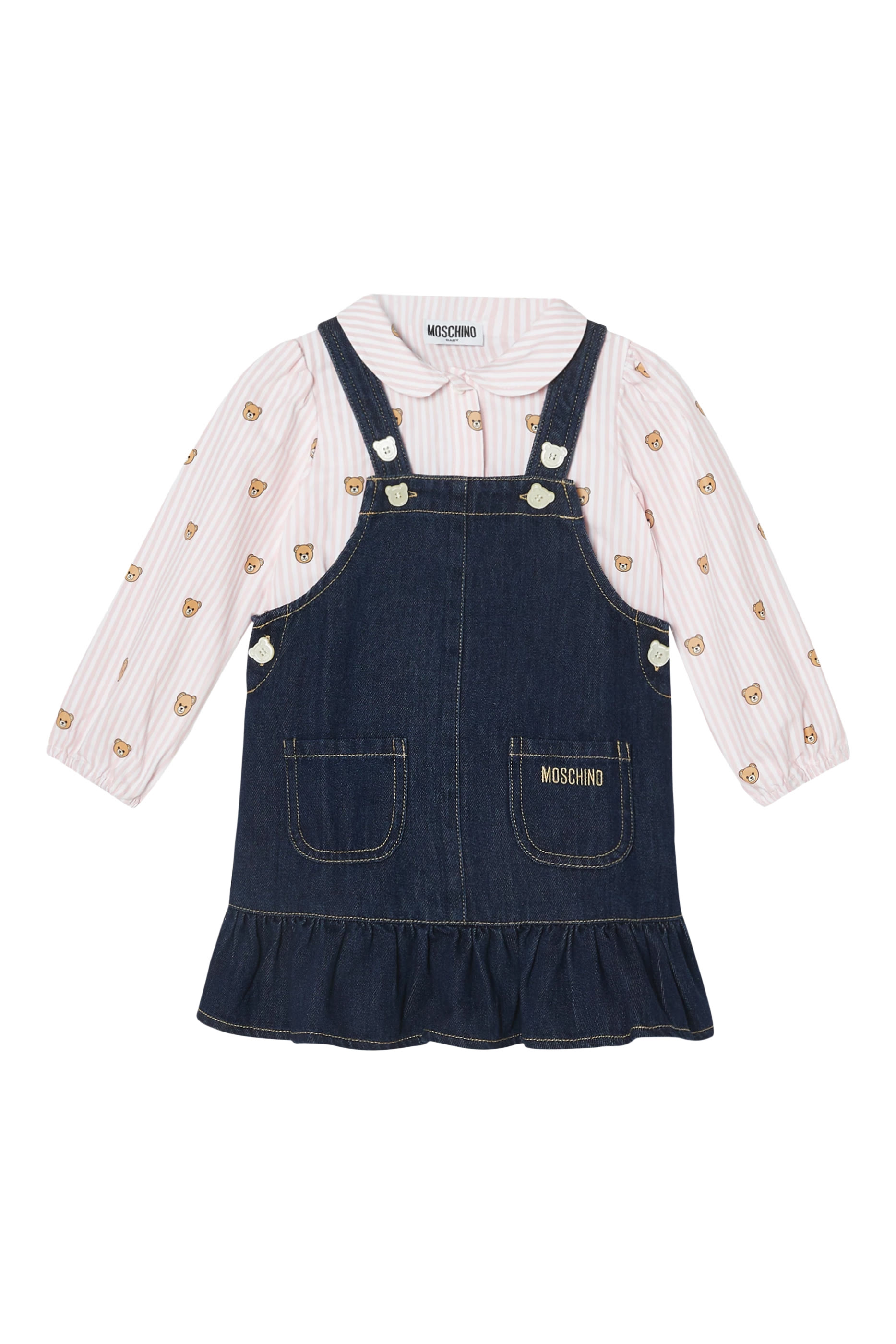 Kids Cotton Poplin Jacquard Shirt & Denim Dungarees Suit