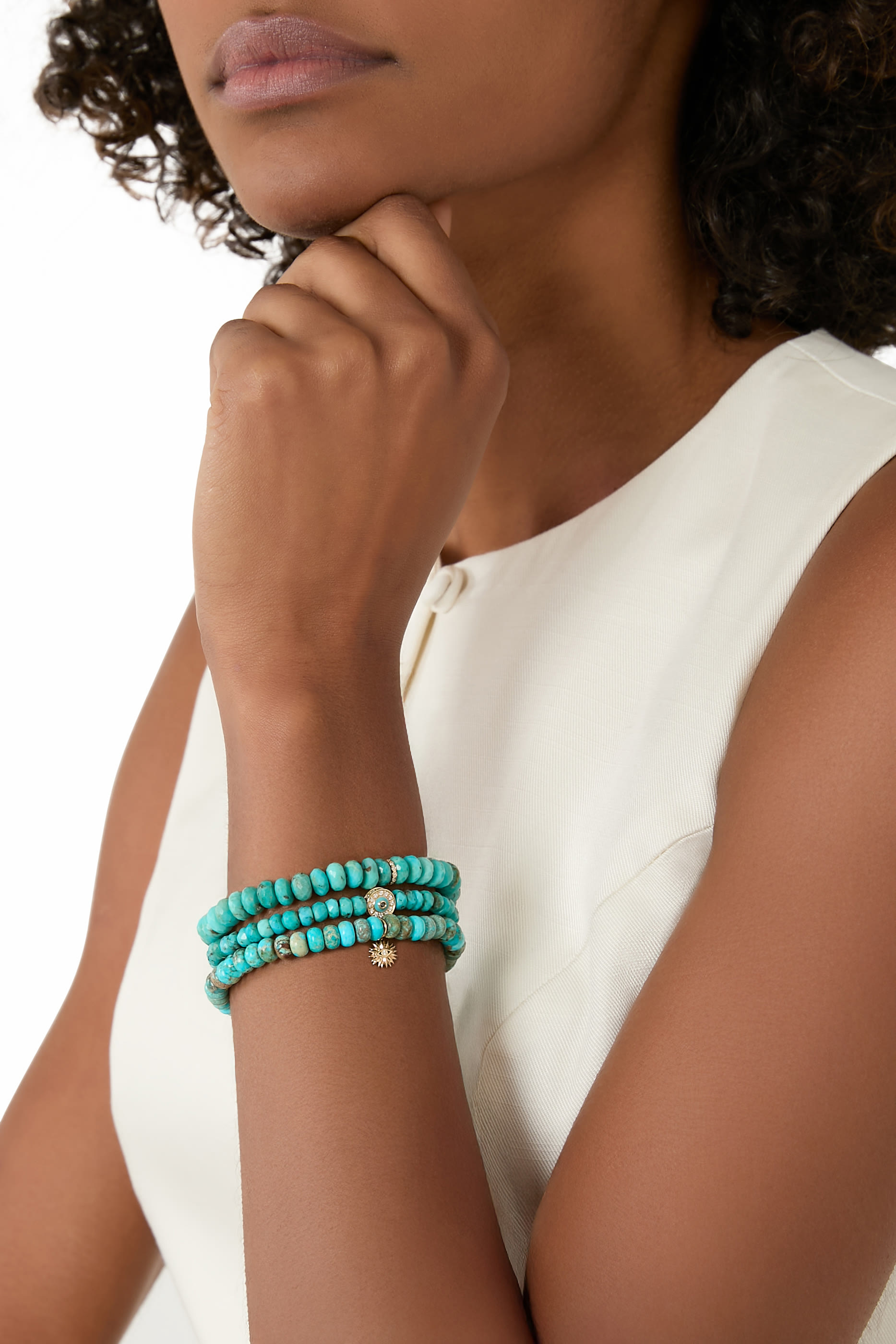 Rondelle Beaded Bracelet, 14K Yellow Gold with Diamonds & Turquoise Beads