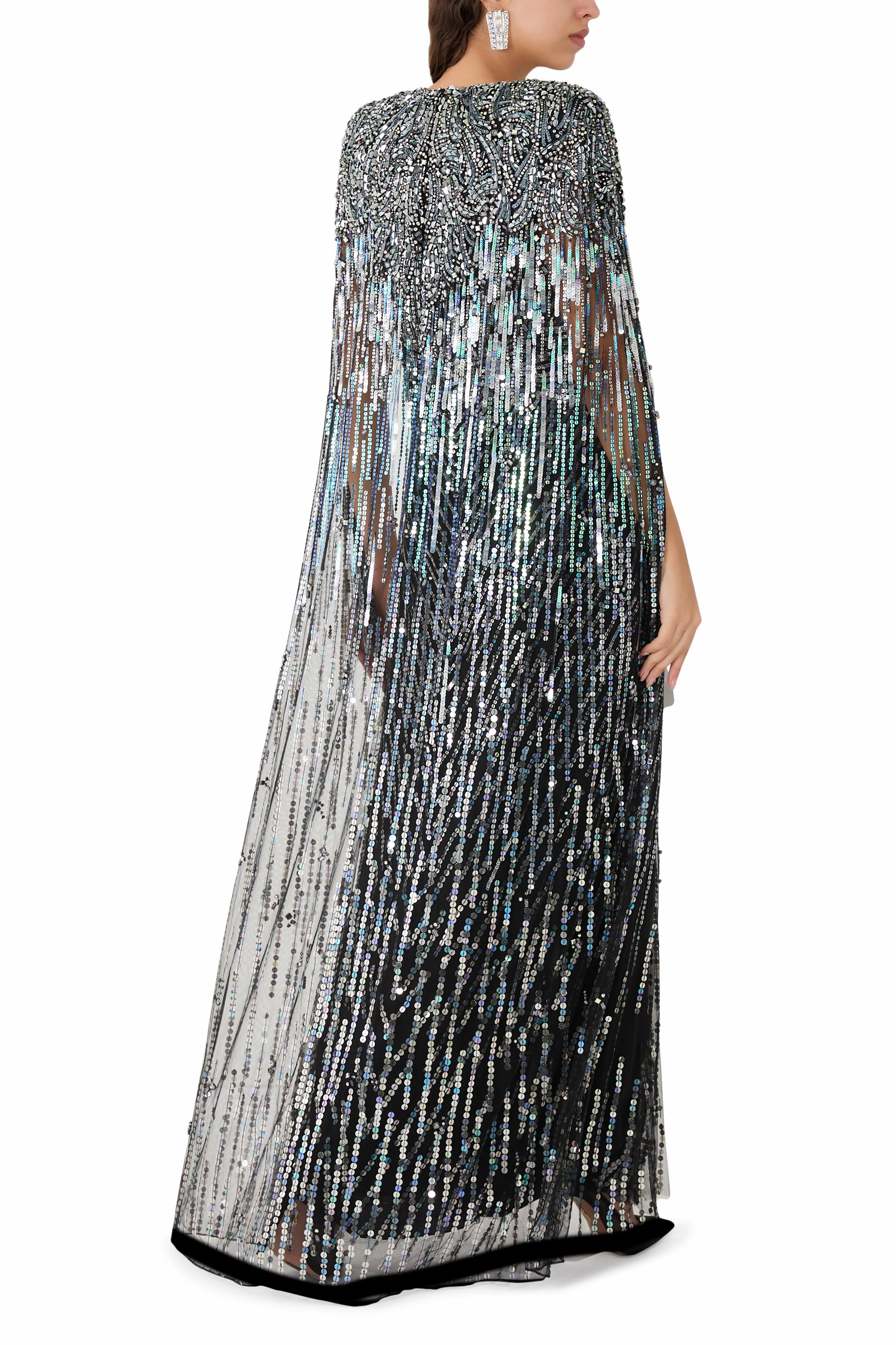 Embellished Cape-Effect Tulle Gown