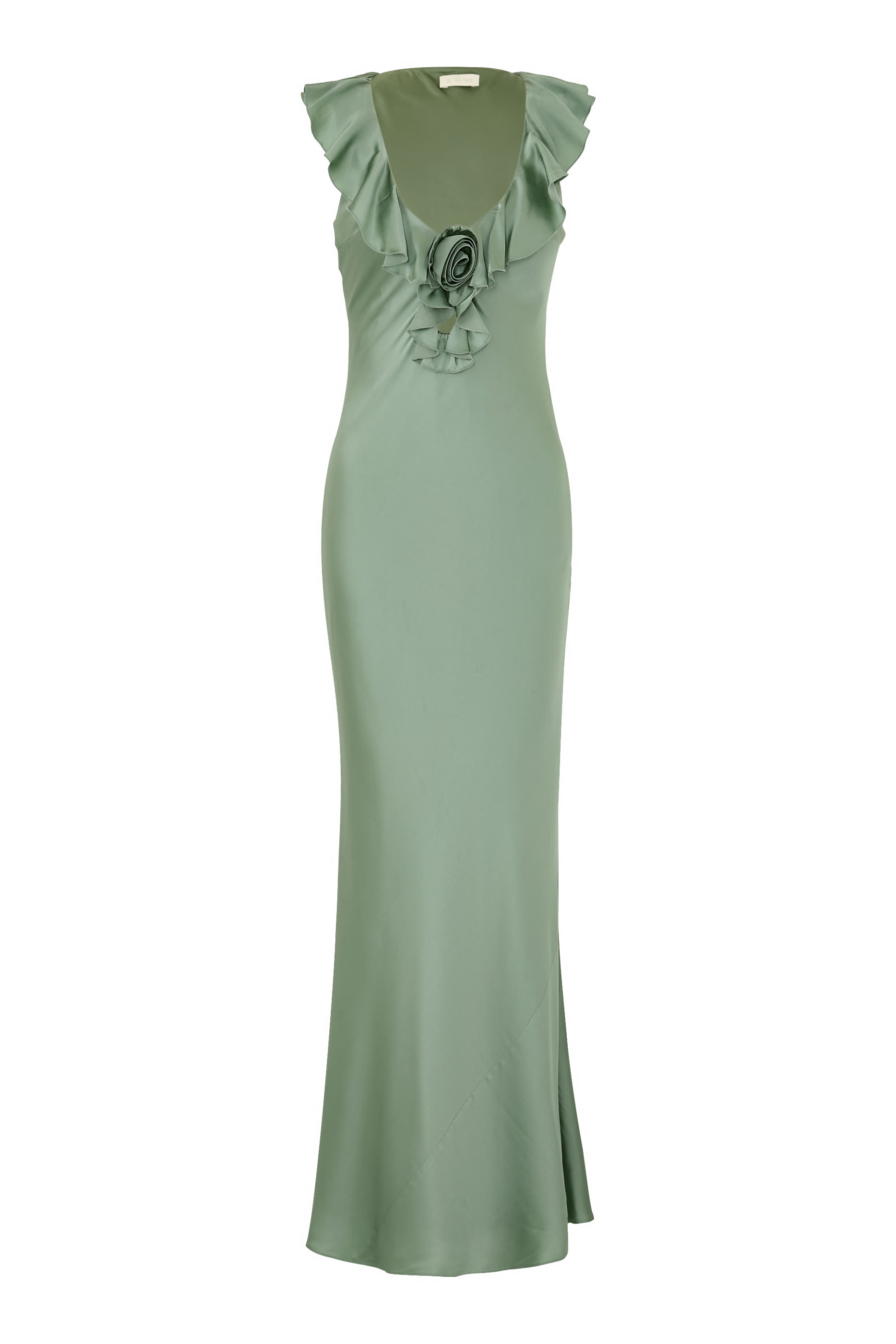 Neck Ruffles and Rose Applique Maxi Dress