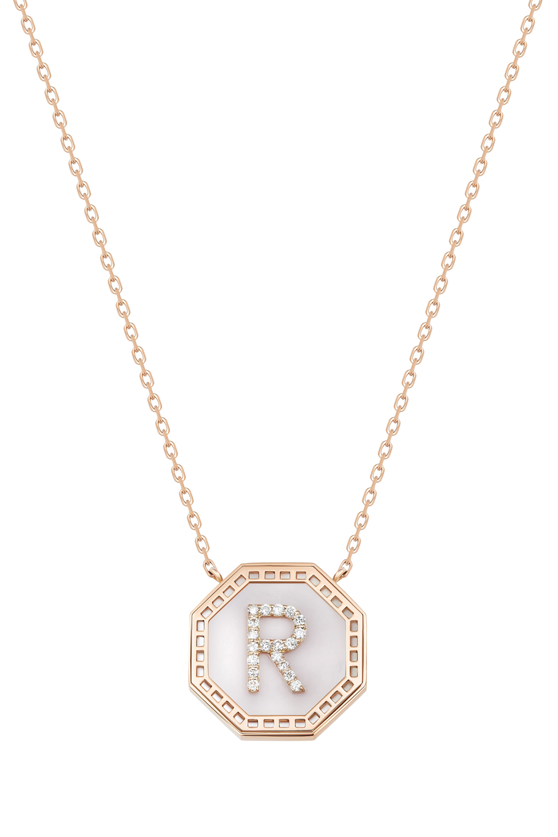 Harf Turath Letter R Necklace, 18k Rose Gold & Diamonds