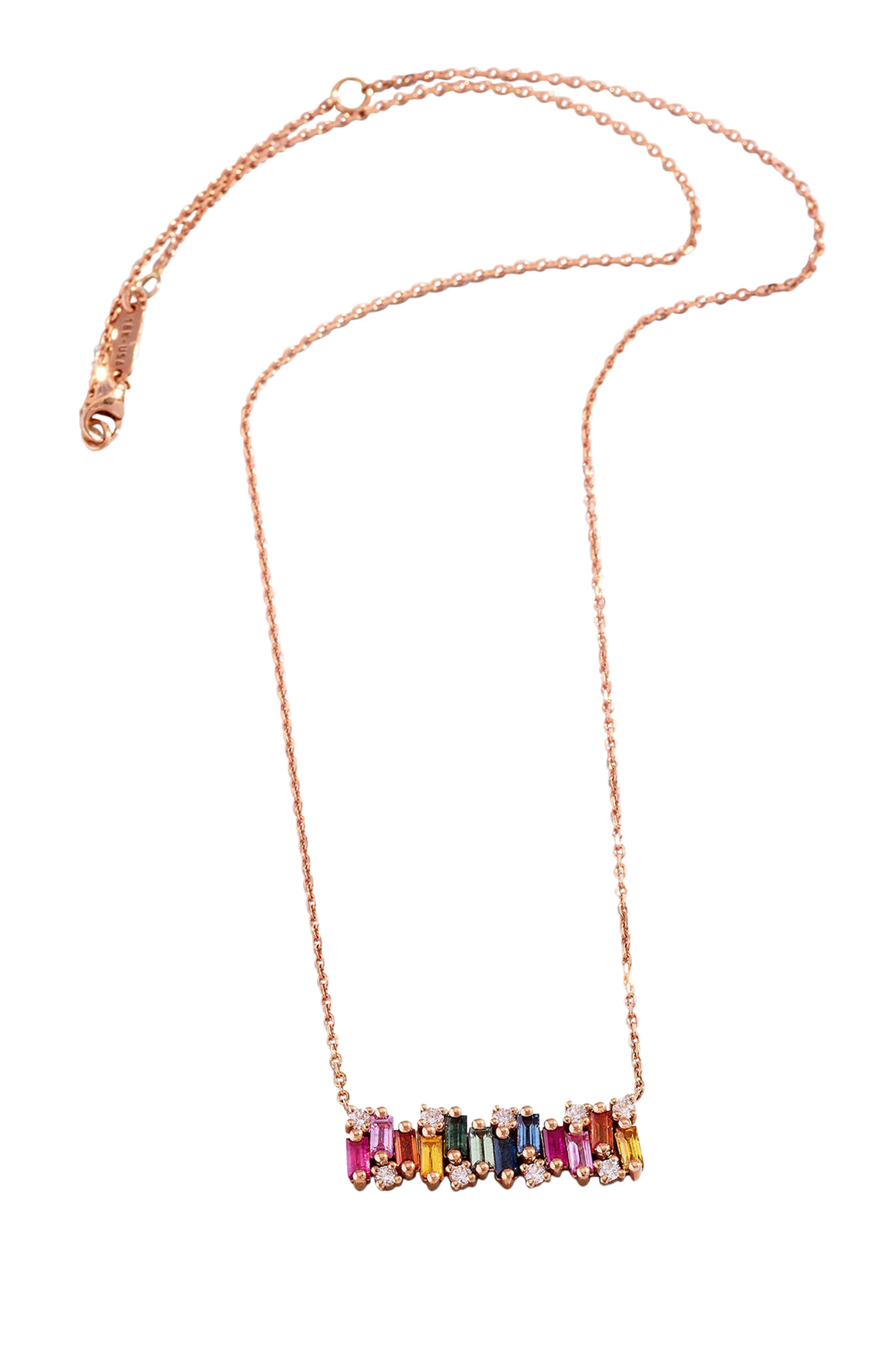 Shimmer Rainbow Bar Pendant, 18K Rose Gold with  Sapphire Baguettes & White Diamonds 