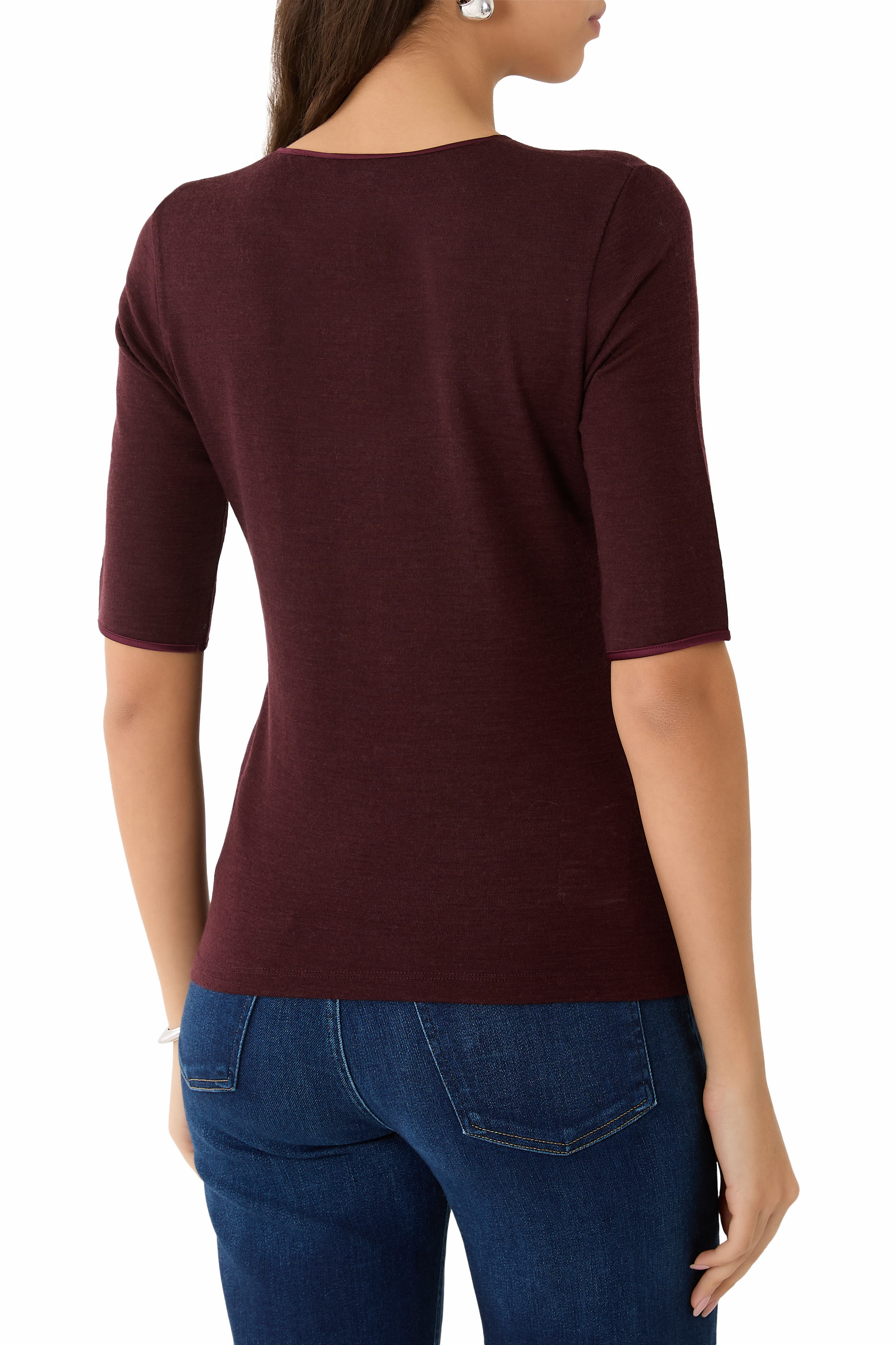 Satin-Trim Wool Elbow-Sleeve T-Shirt