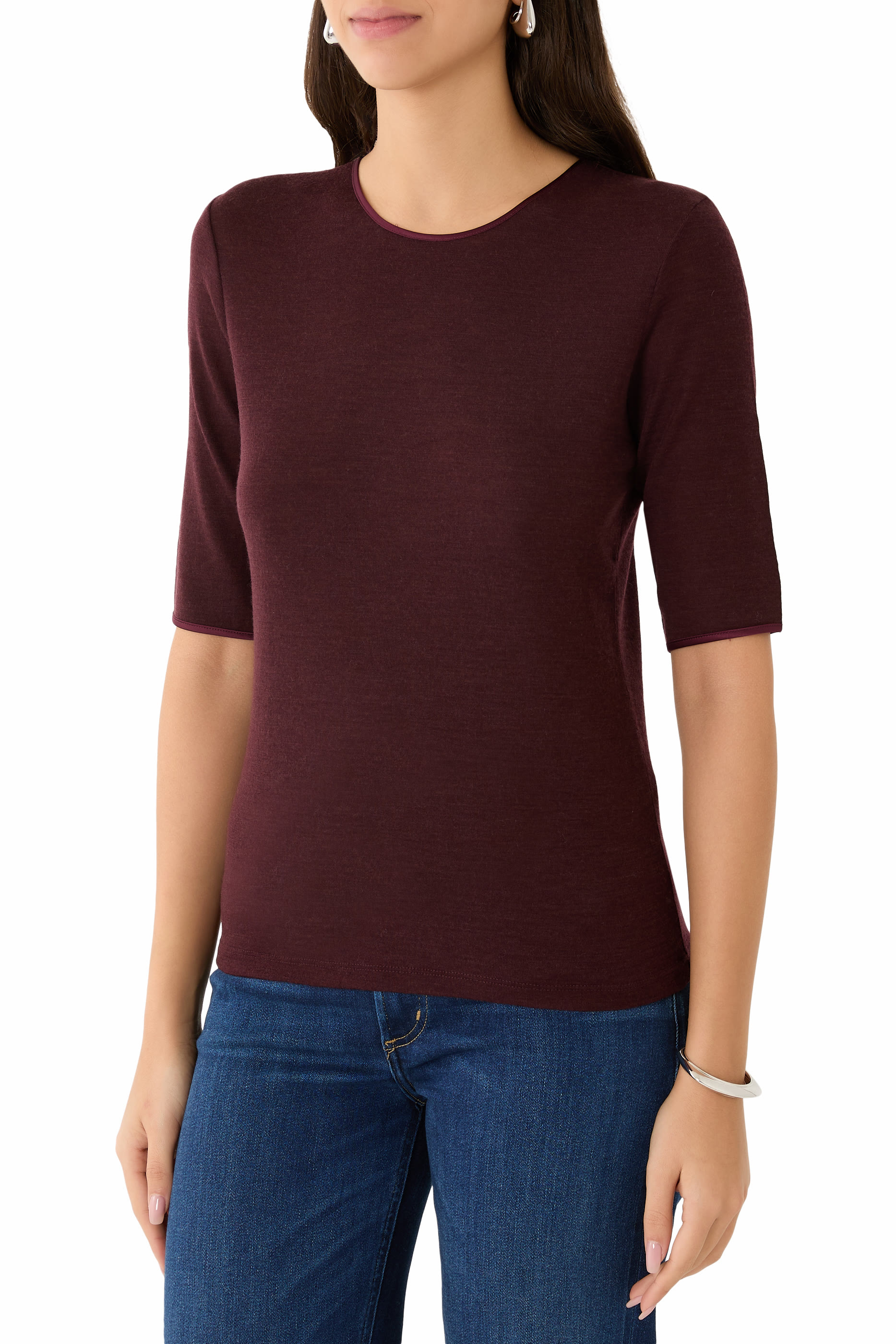 Satin-Trim Wool Elbow-Sleeve T-Shirt
