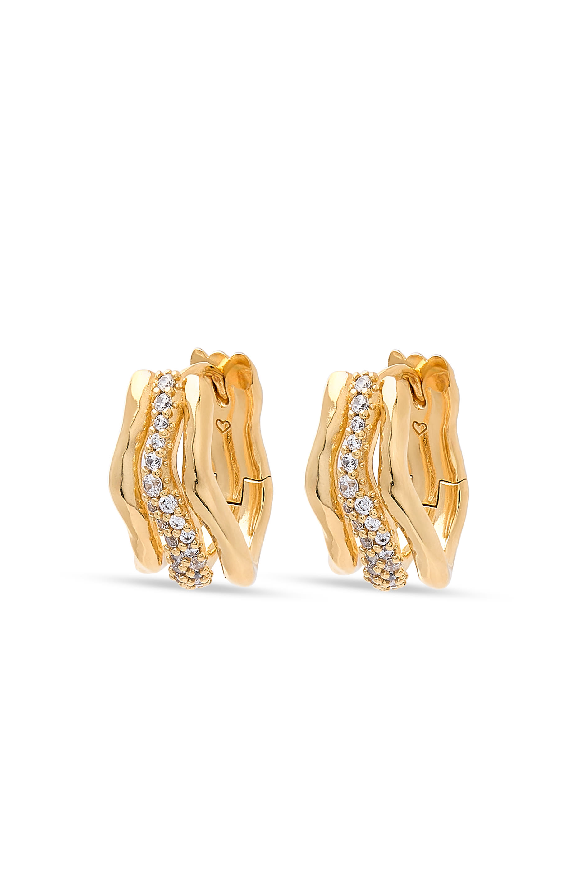 Molten Snow Triple Small Hoop Earrings, 18k Gold Plated Brass & Cubic Zirconia