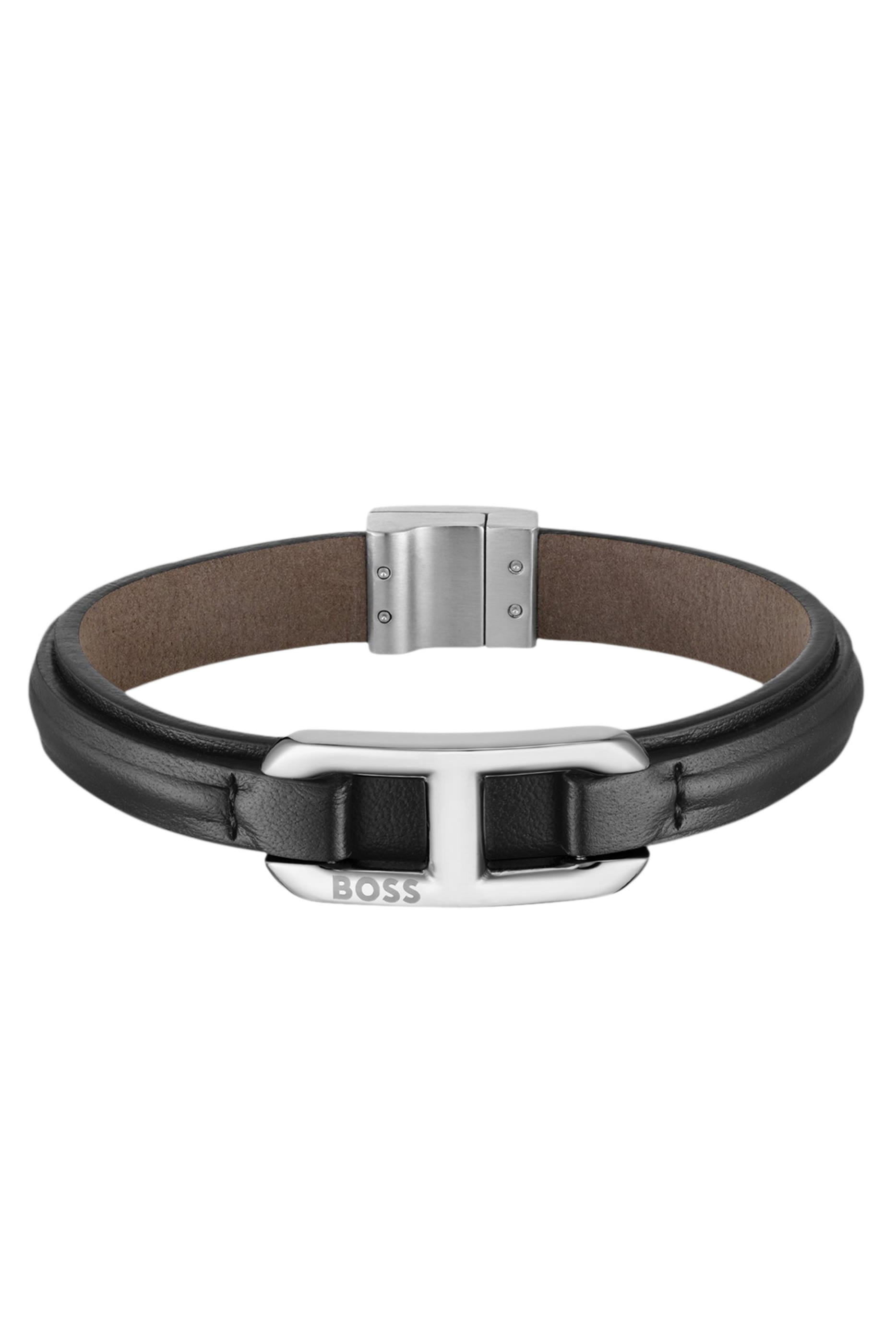  Layered Leather Cuff with Branded Silver-Tone Link