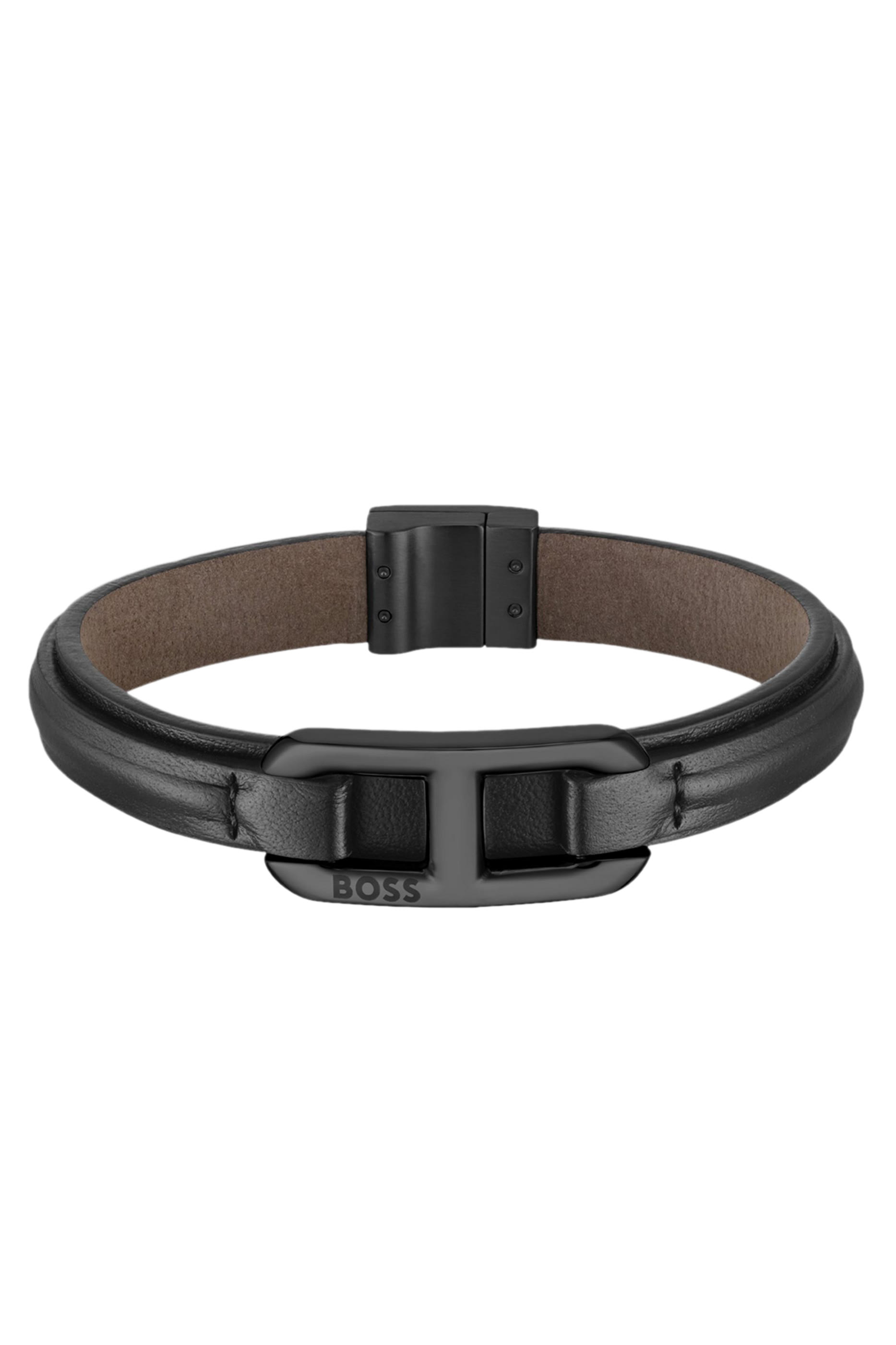  Layered Leather Cuff with Branded Black Metallic Link