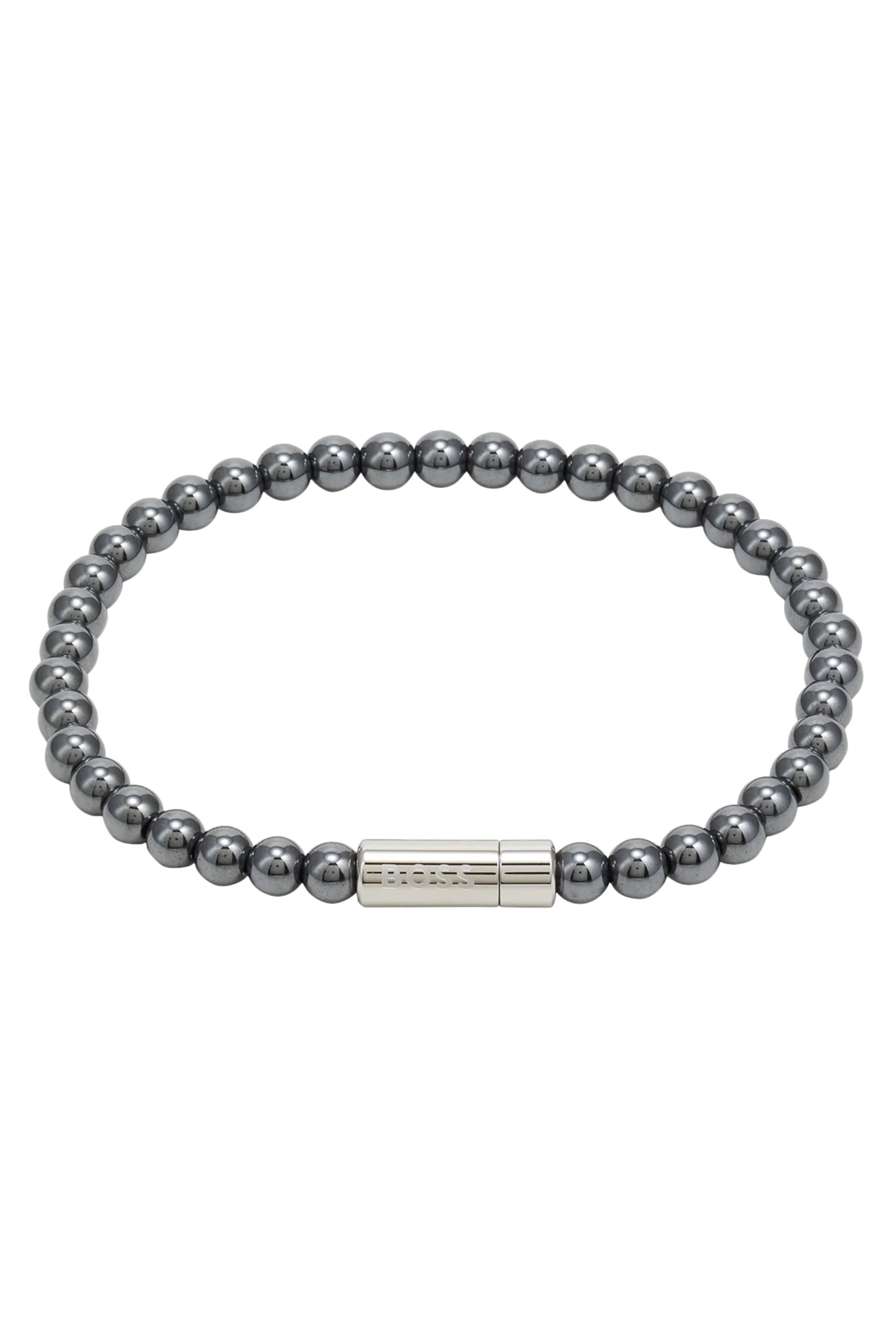 Hematite-Bead Cuff with Logo Closure 