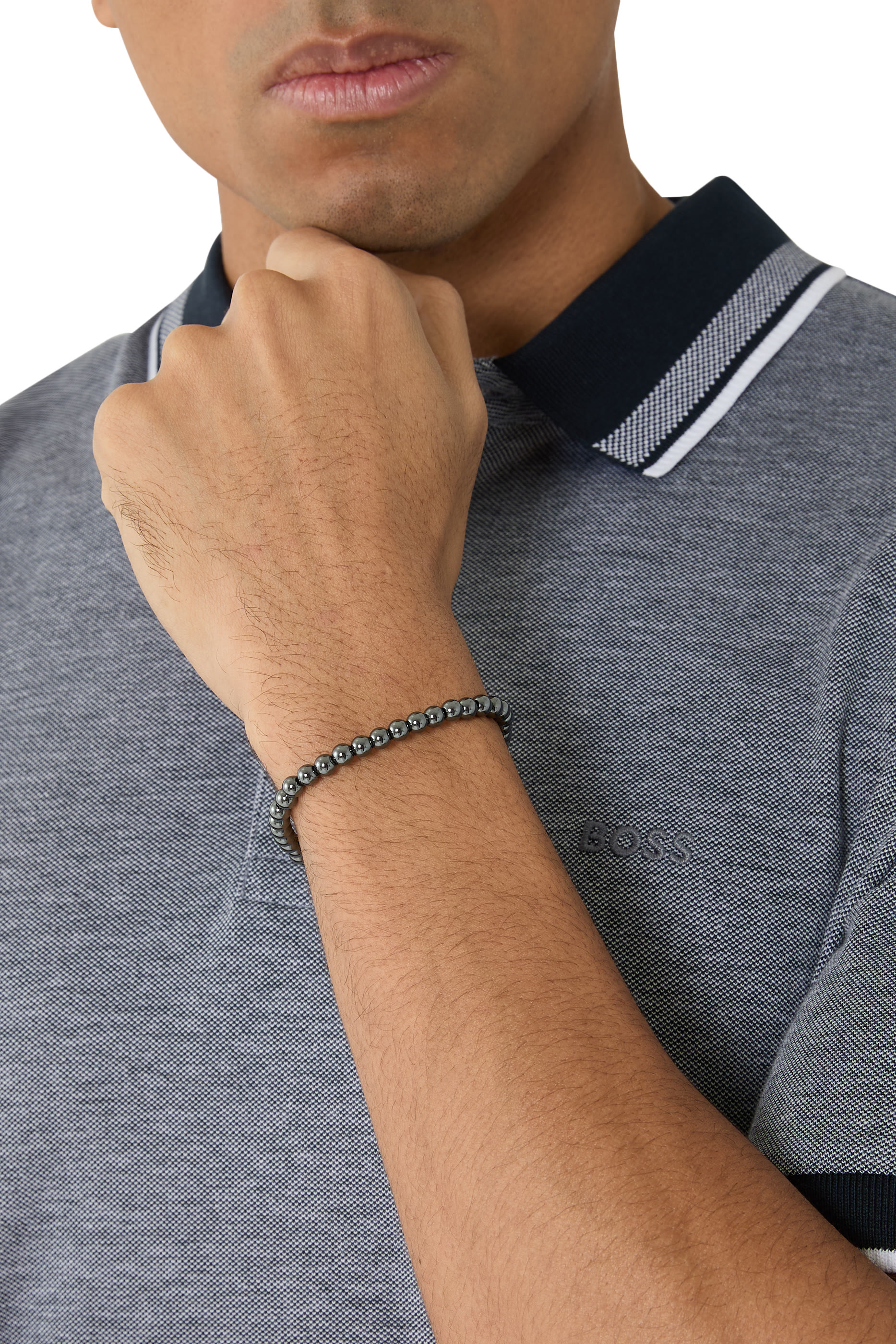 Hematite-Bead Cuff with Logo Closure 