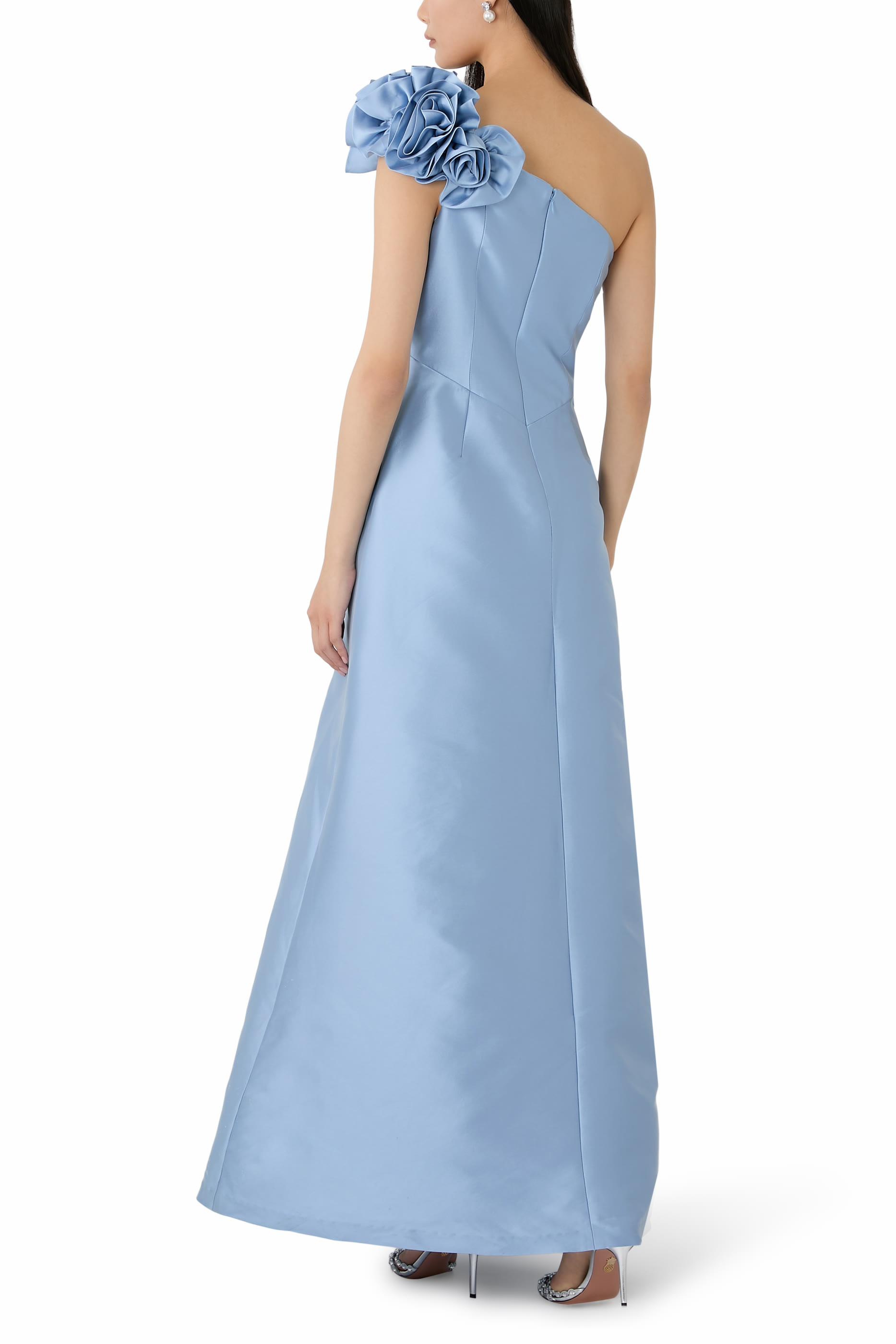  Mikado Flower One Shoulder Bead Appliqué Gown