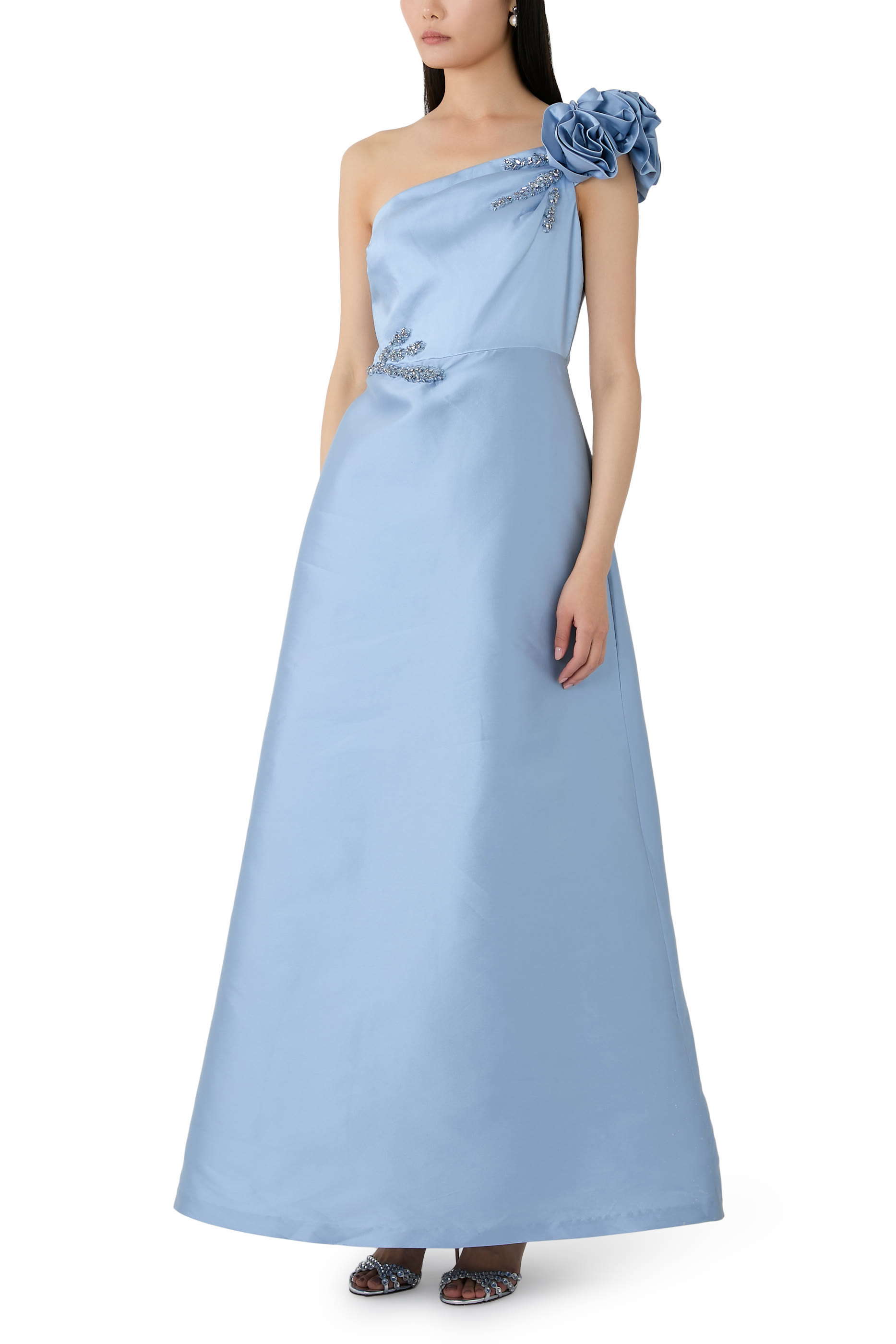  Mikado Flower One Shoulder Bead Appliqué Gown