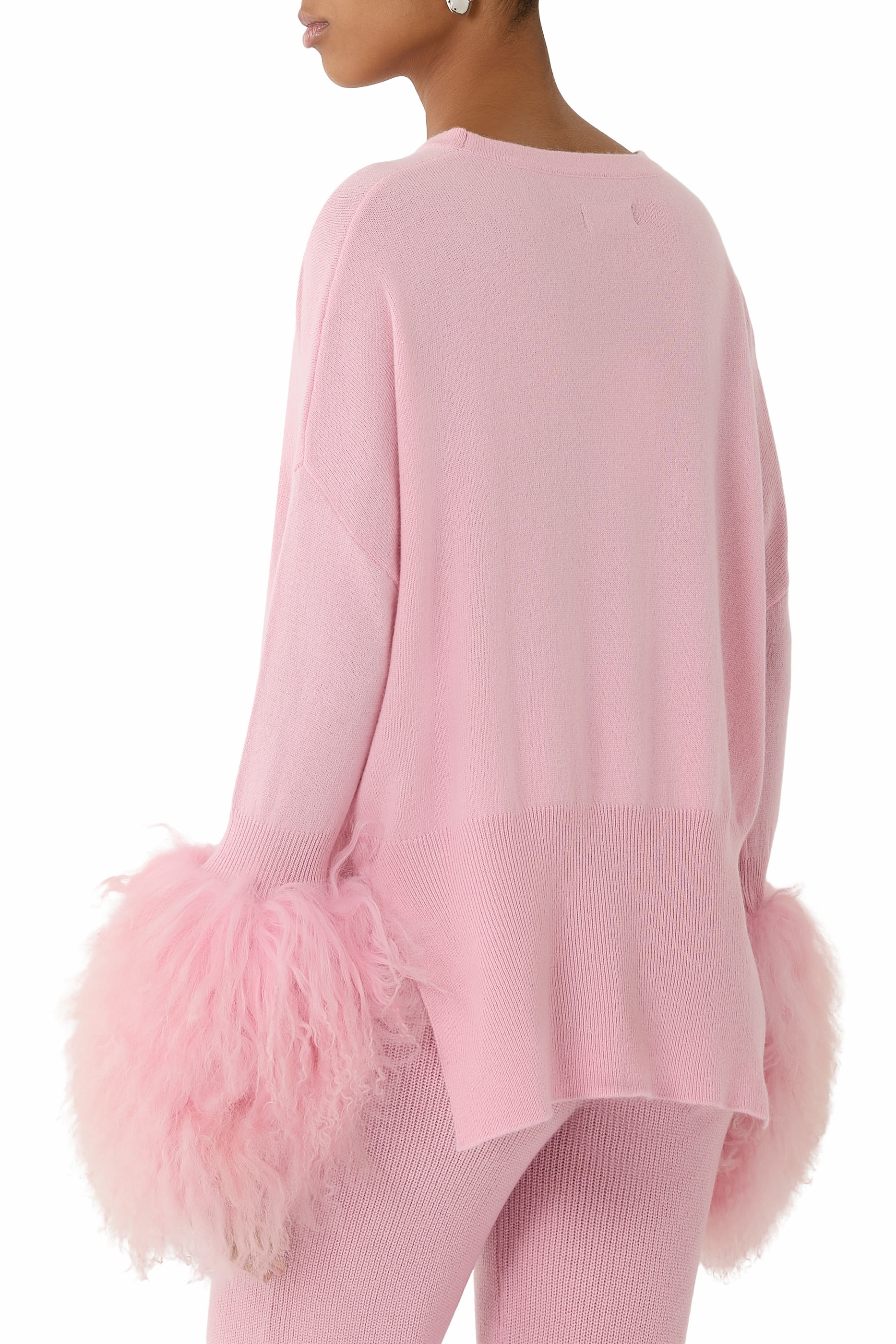 Shearling Cuff Round Neck Sweater