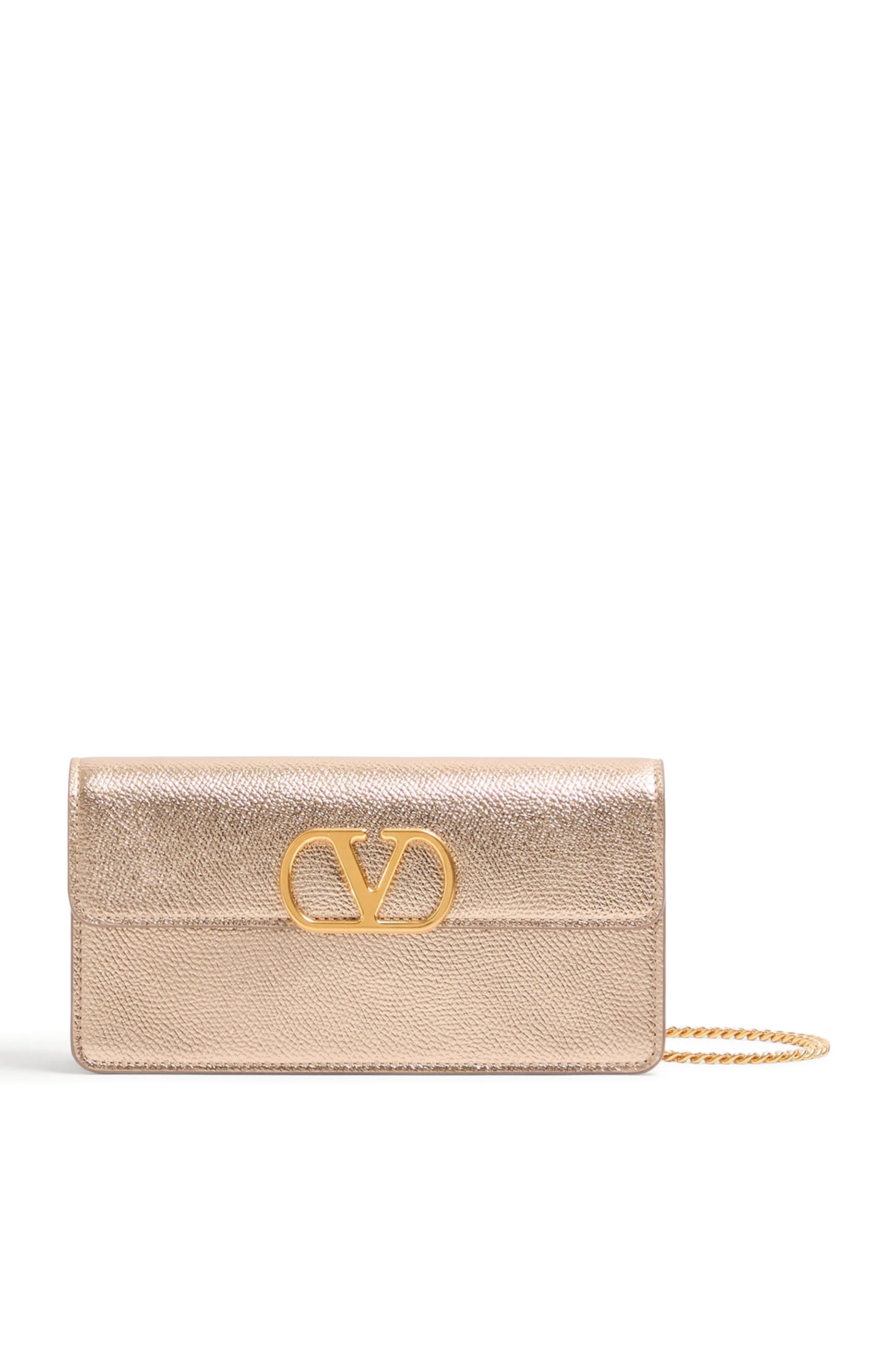 Vlogo Signature Metallic Grainy Calfskin Wallet With Chain
