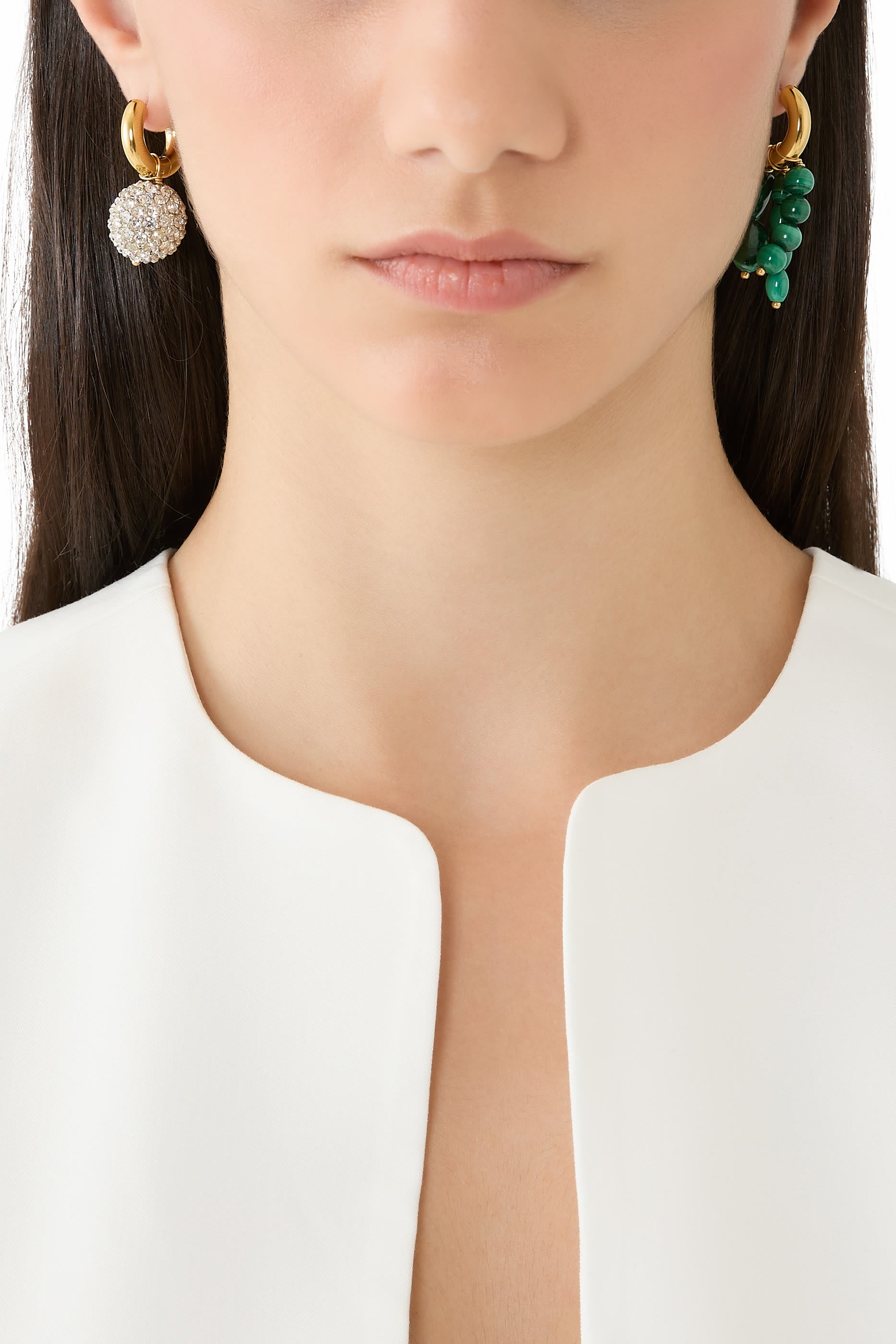 Mismatched Earrings,  24K Gold-Plated Brass with Strass & Malachite