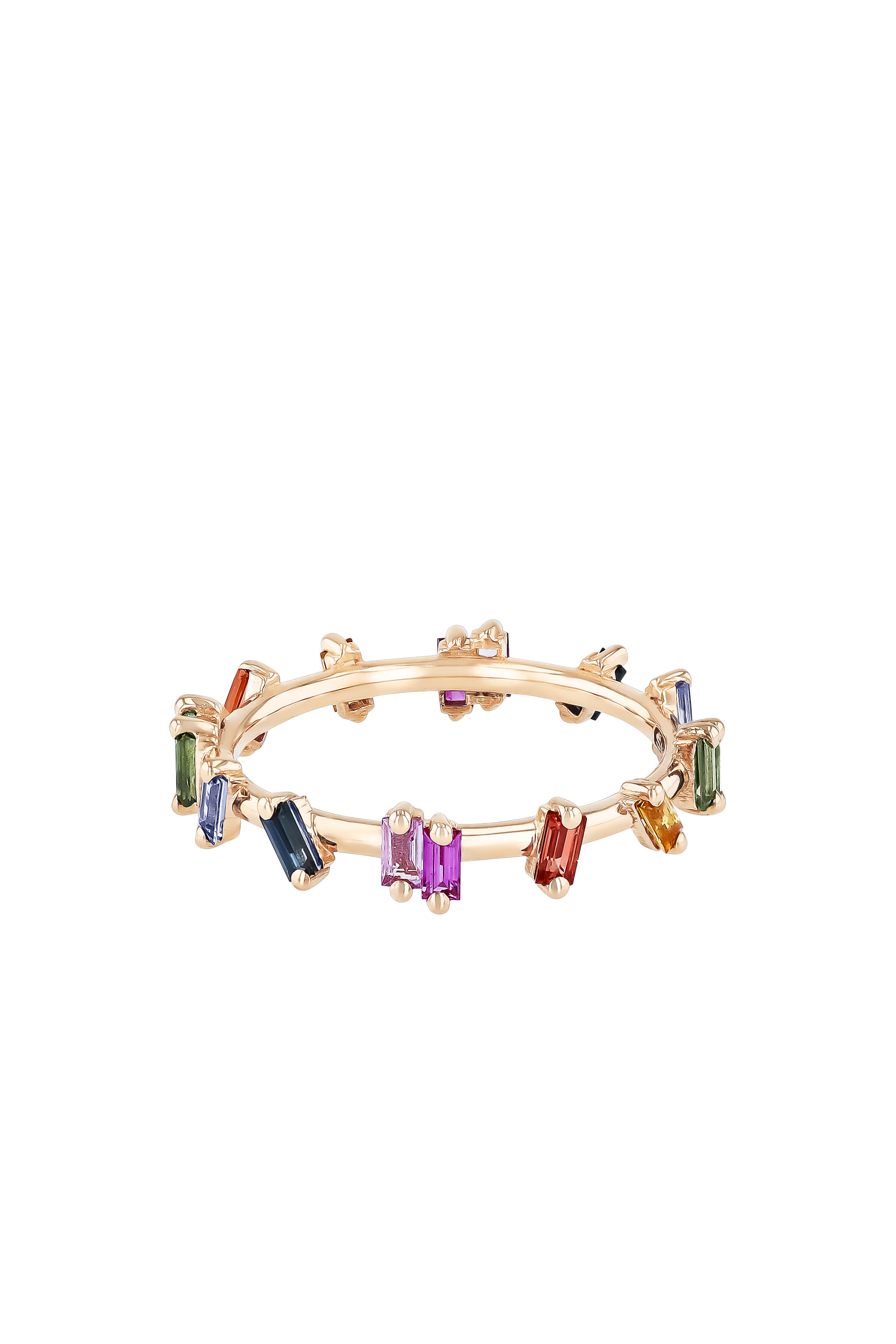 Barbwire Ring, 18K Yellow Gold & Rainbow Sapphire Baguettes
