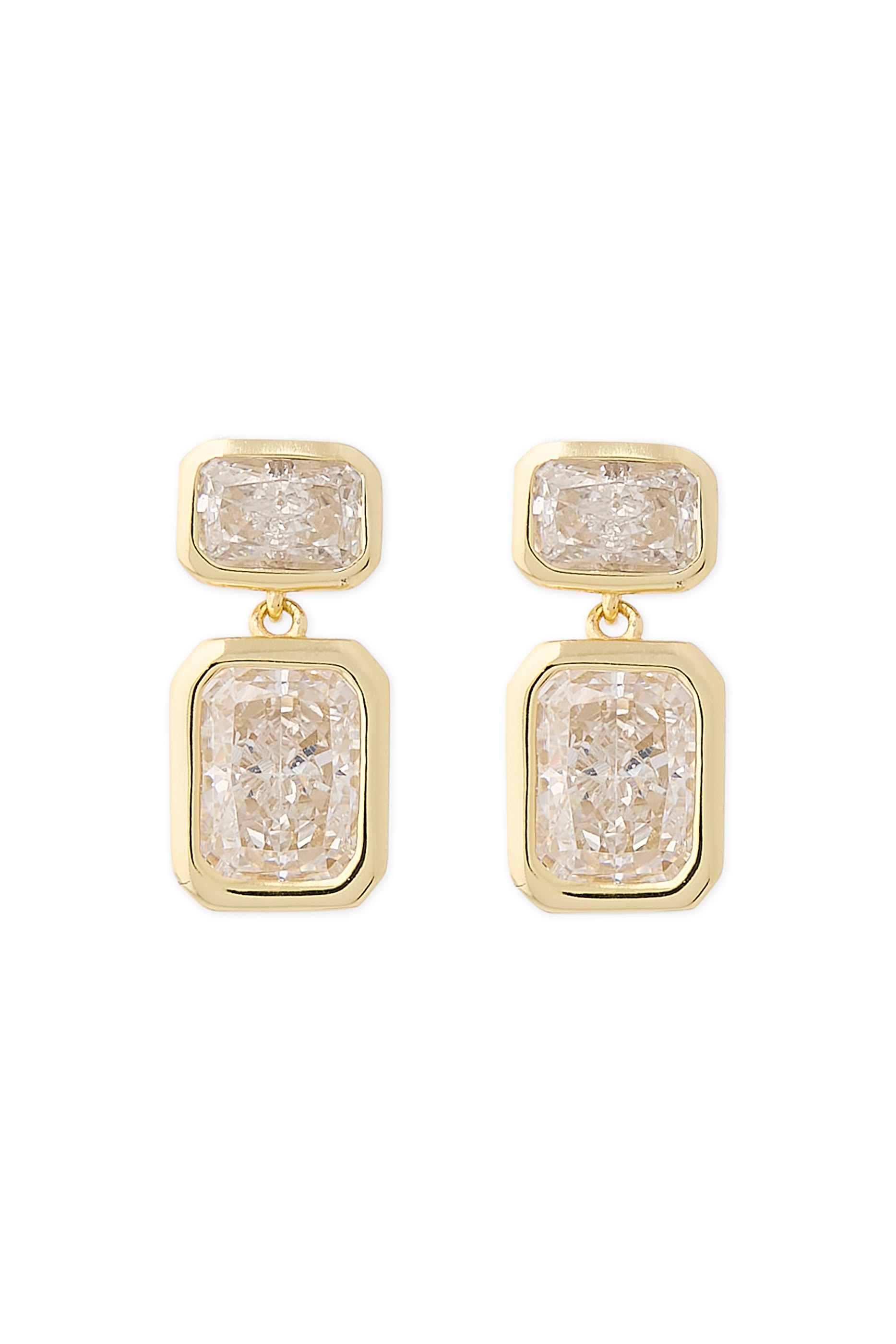 Emerald Baguette Drop Earrings, 14k Vermeil on Sterling Silver & Crushed Ice CZ
