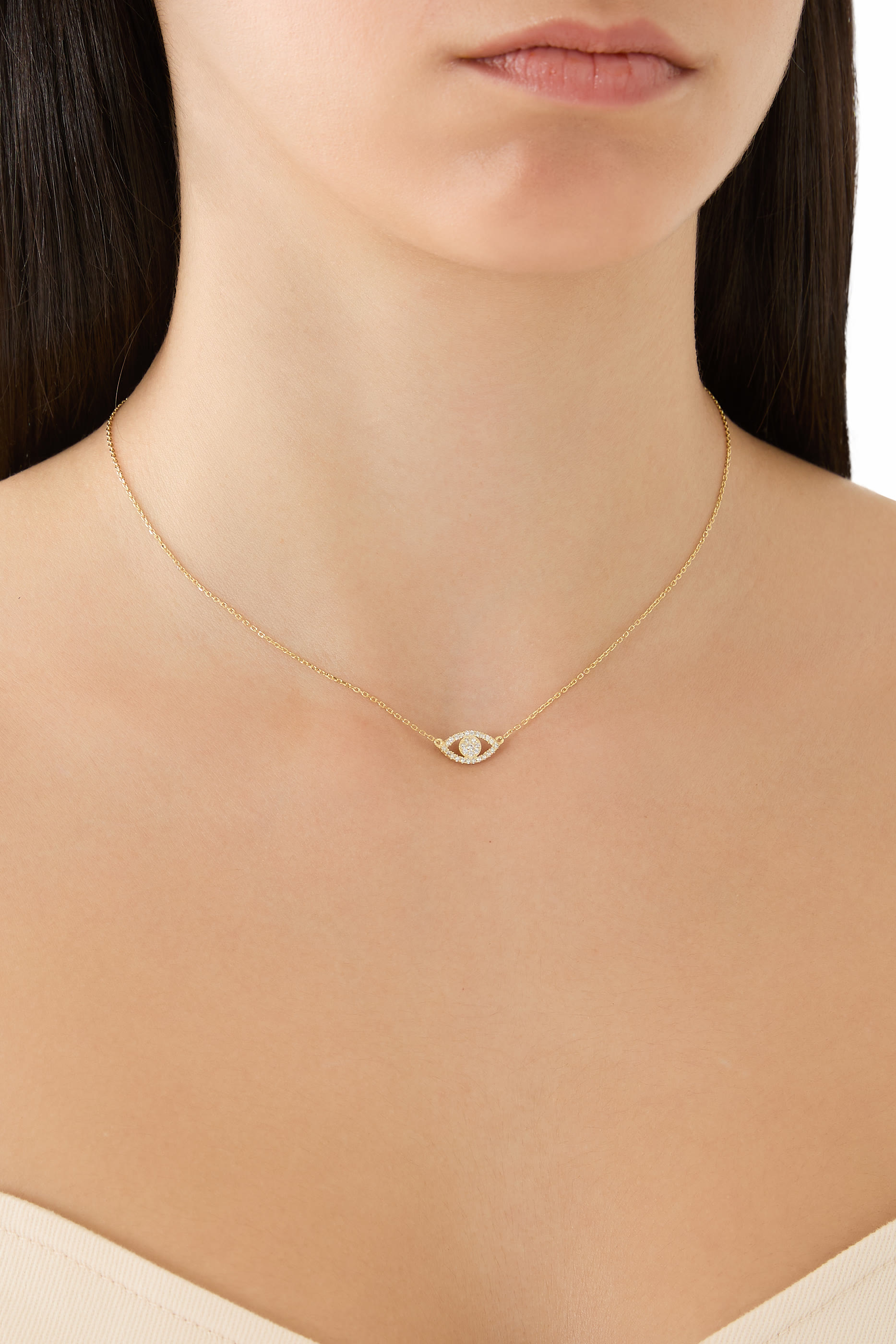 Evil Eye Pave Necklace, 14K Gold Plated Brass & Cubic Zirconia