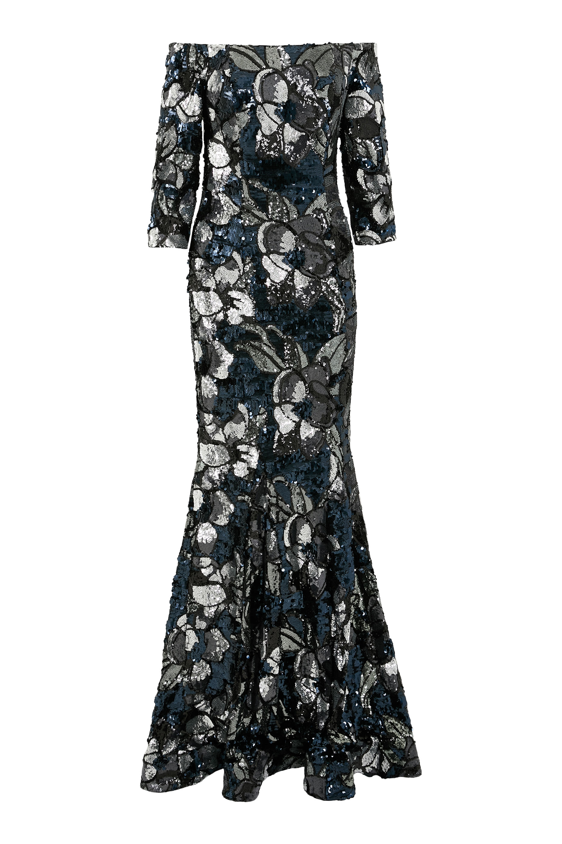 Off-Shoulder Sequin Floral Gown