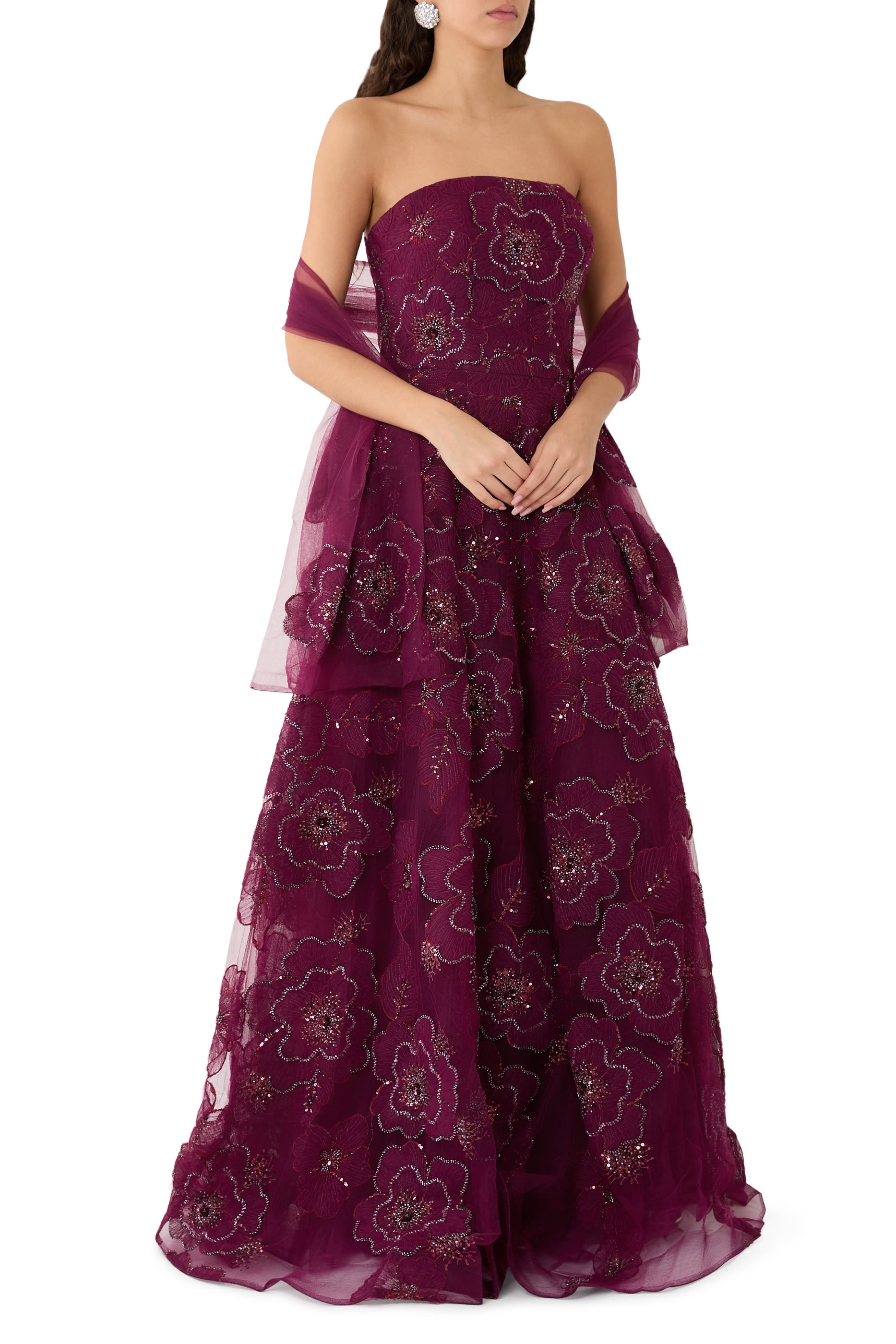 Strapless Ball Gown with Beaded Floral Appliqués 