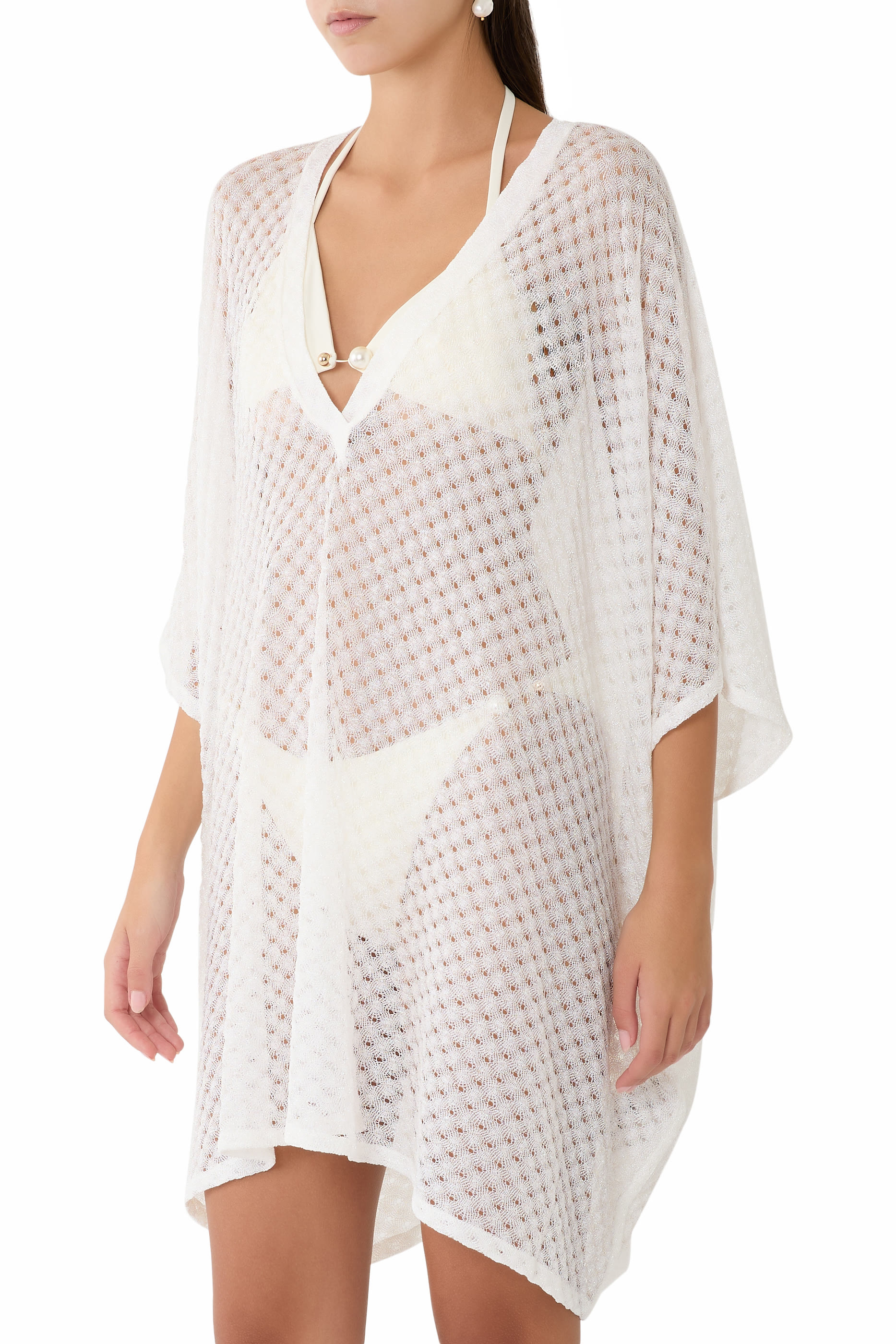 Short Caftan Cover-Up in Lamé Viscose with Raschel Workmanship