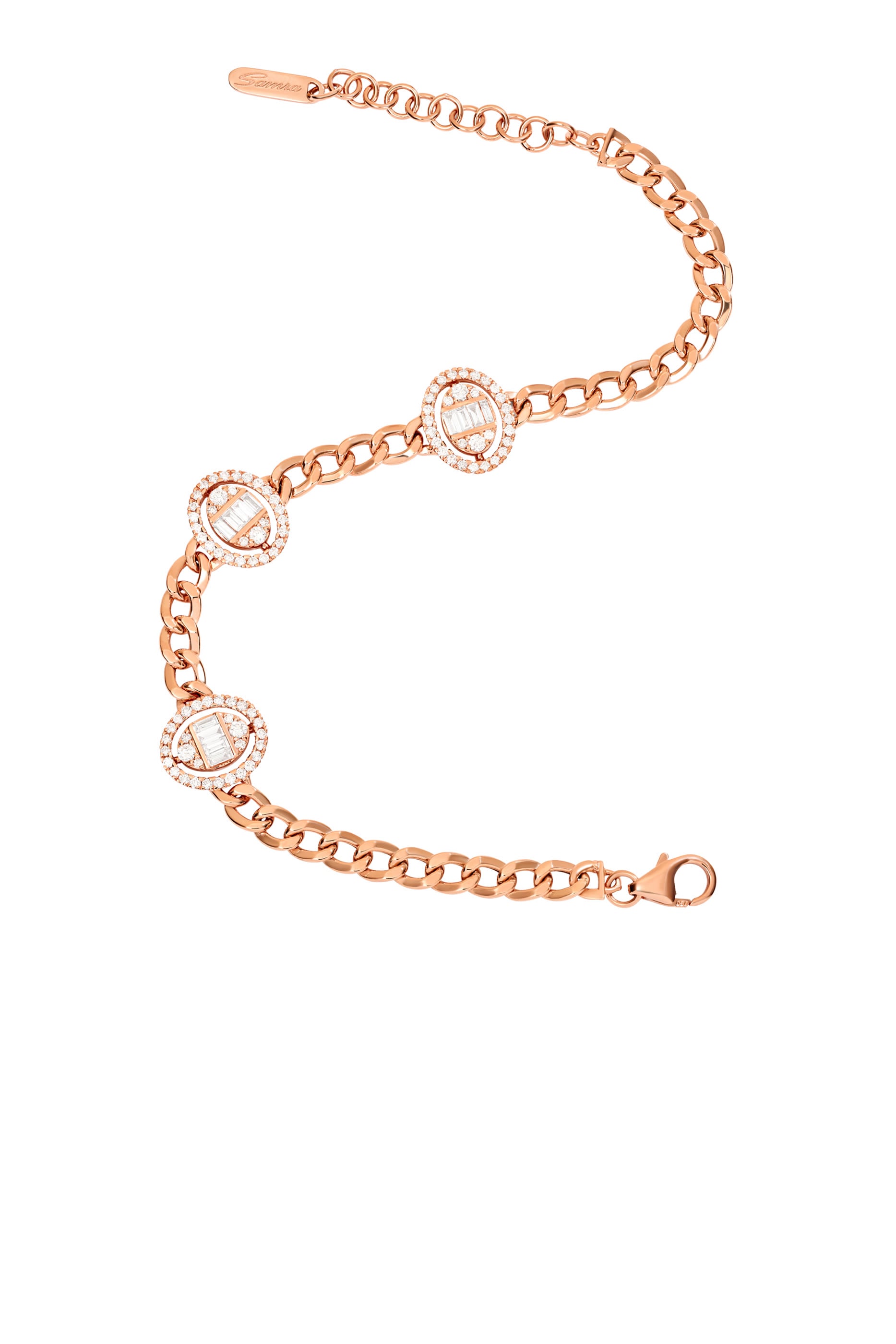 Quwa Three Oval Bracelet,  18K Rose Gold with Baguette & Brilliant Diamonds