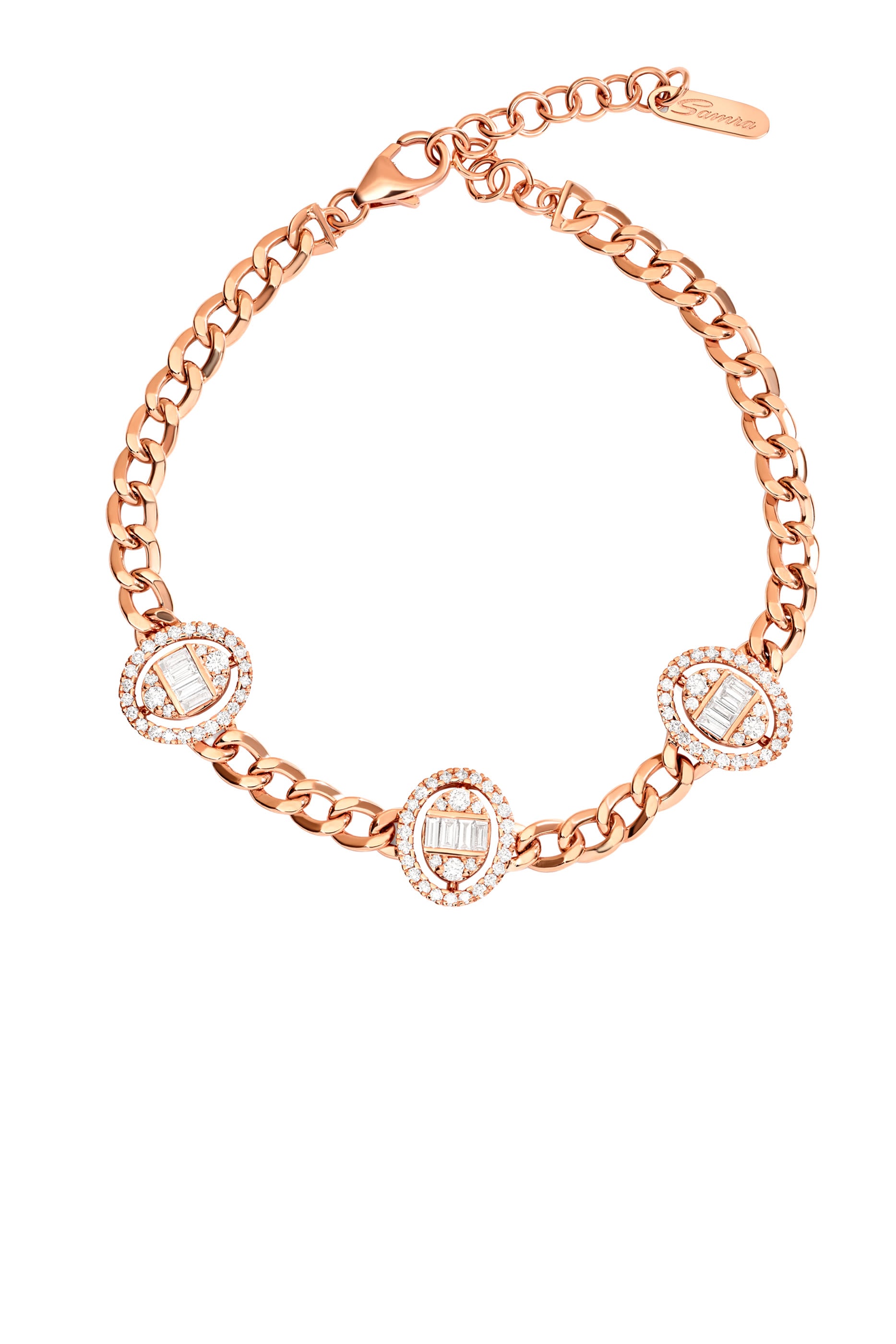 Quwa Three Oval Bracelet,  18K Rose Gold with Baguette & Brilliant Diamonds