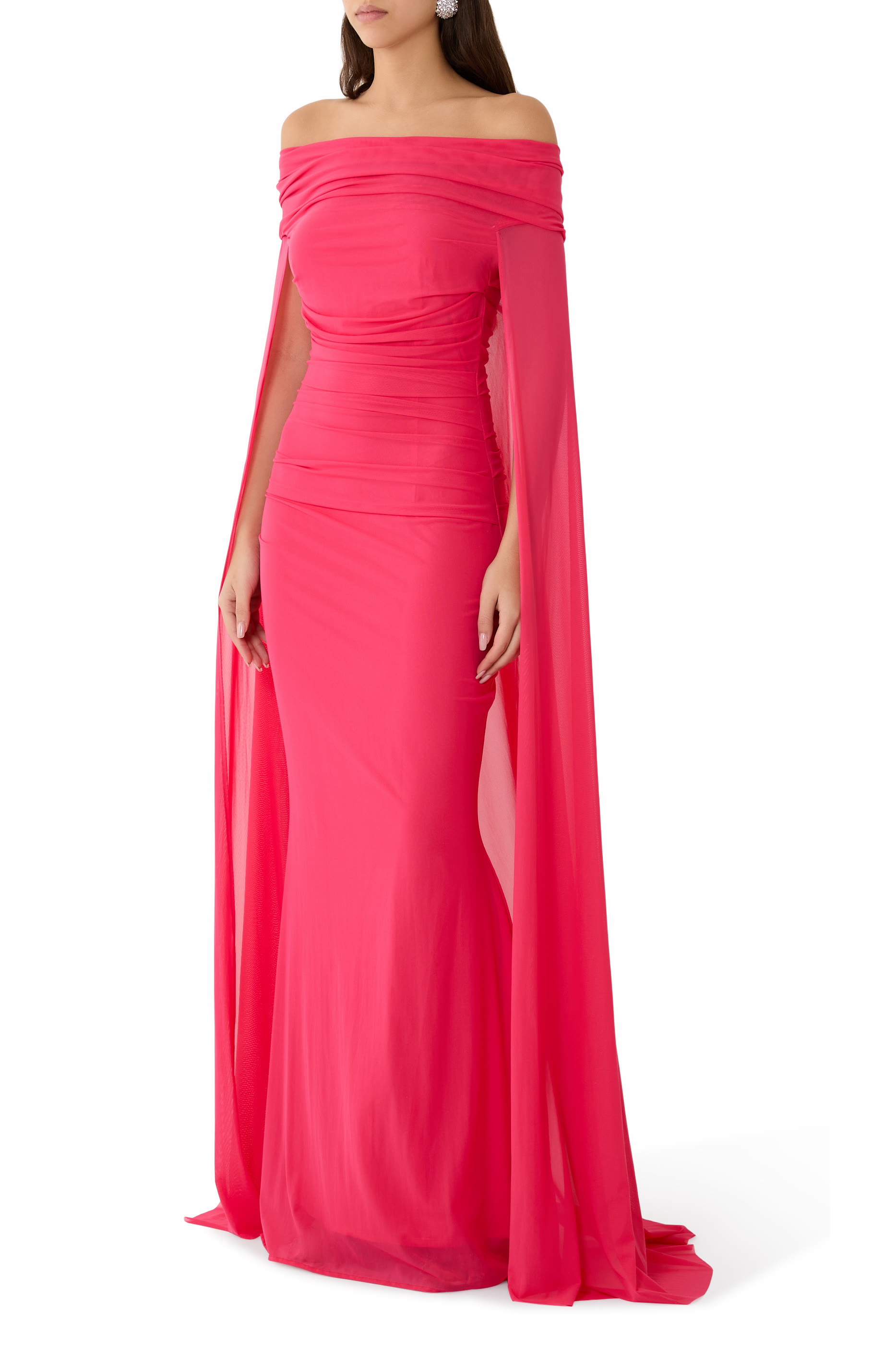 Stretch Tulle Cape Sleeve Gown
