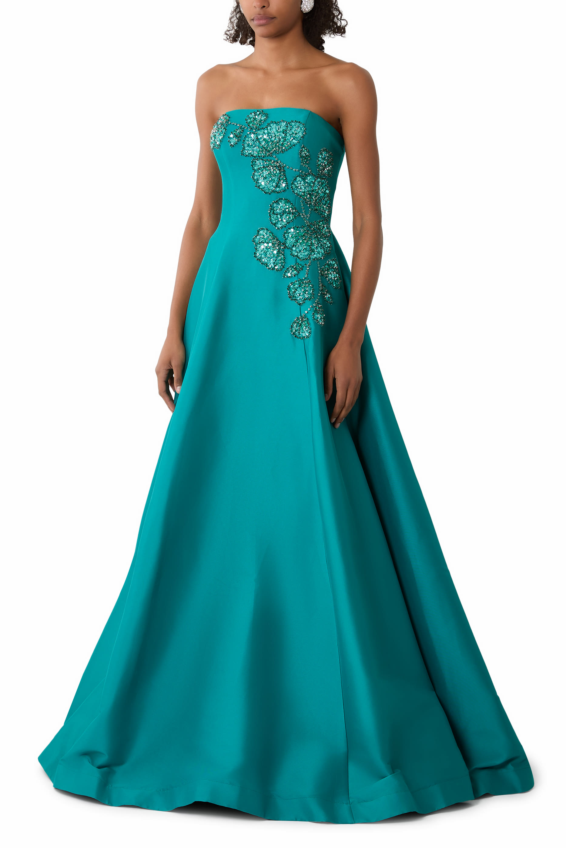 Intricate Floral Appliqué Strapless A-Line Gown