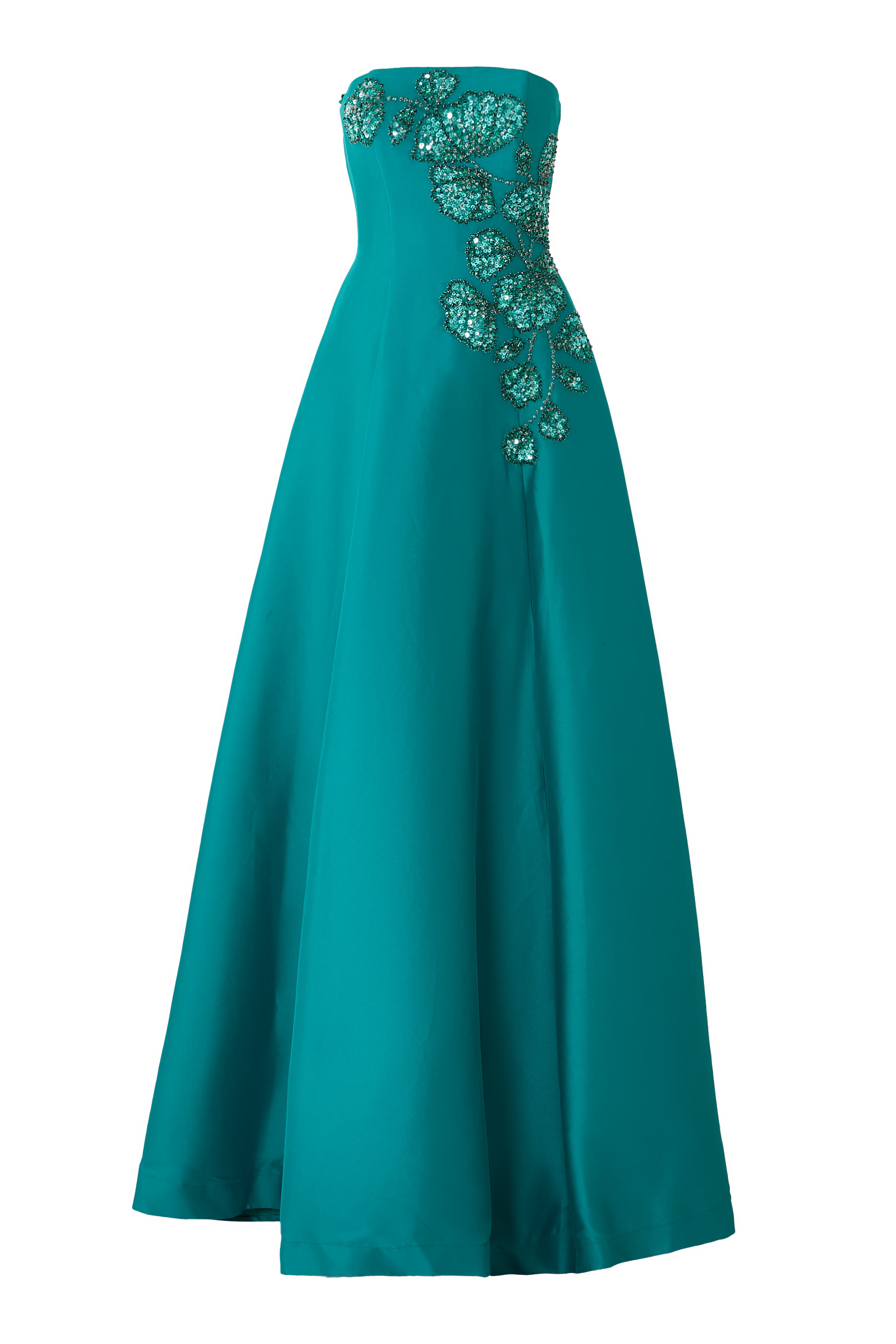 Intricate Floral Appliqué Strapless A-Line Gown