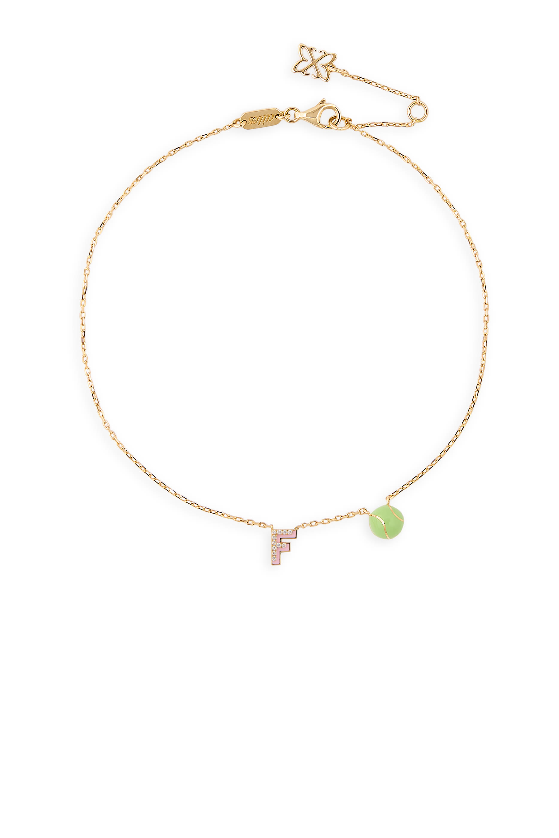 Letter ‘F’ Tennis Anklet, 18k Yellow Gold & Enamel, Diamonds