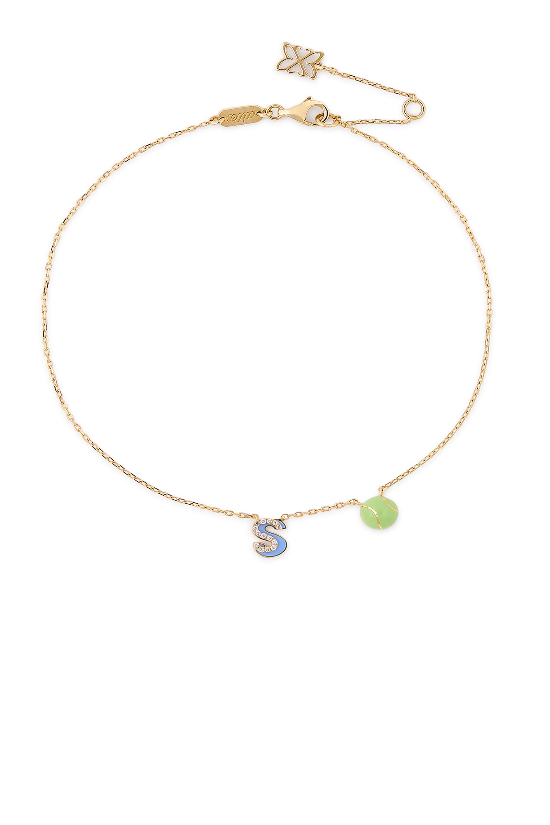 Letter ‘S’ Tennis Anklet, 18k Yellow Gold & Enamel, Diamonds