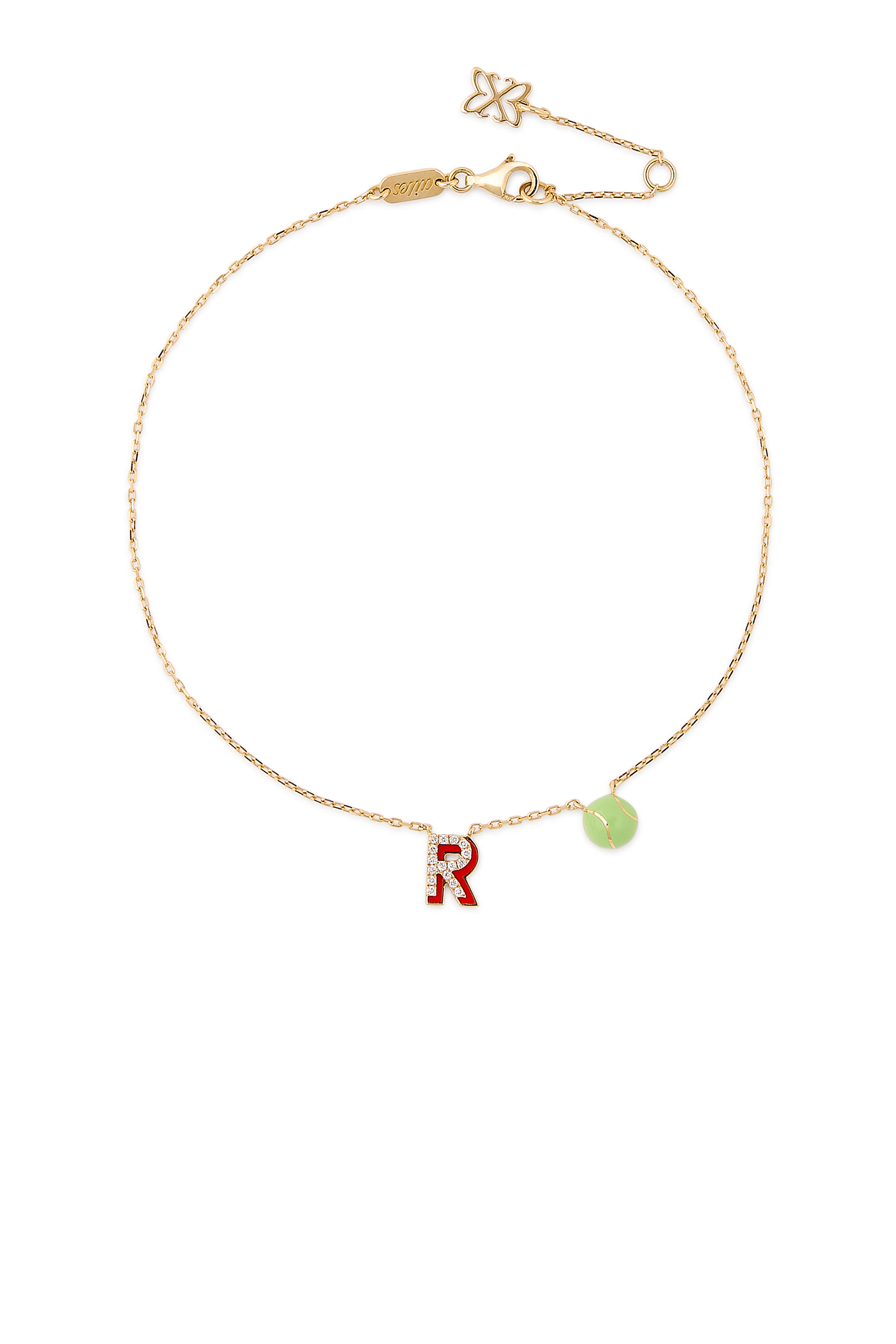 Letter ‘R’ Tennis Anklet, 18k Yellow Gold & Enamel, Diamonds