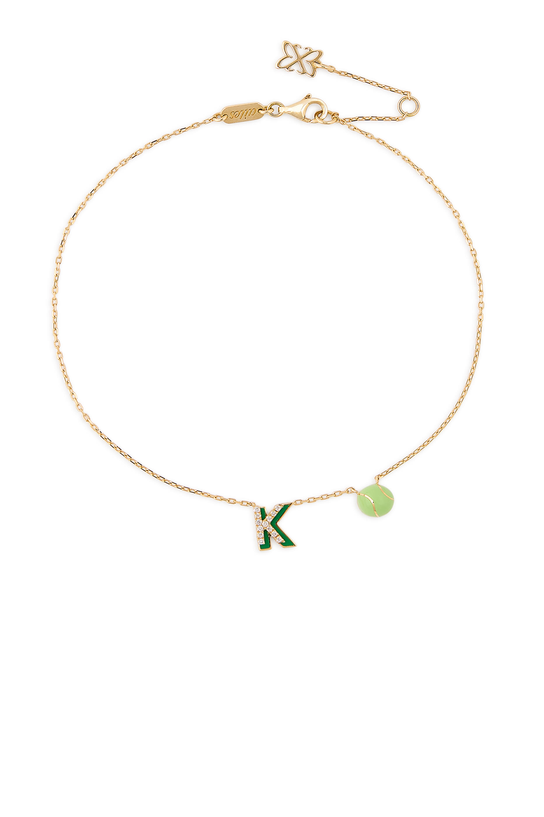 Letter ‘K’ Tennis Anklet, 18k Yellow Gold & Enamel, Diamonds